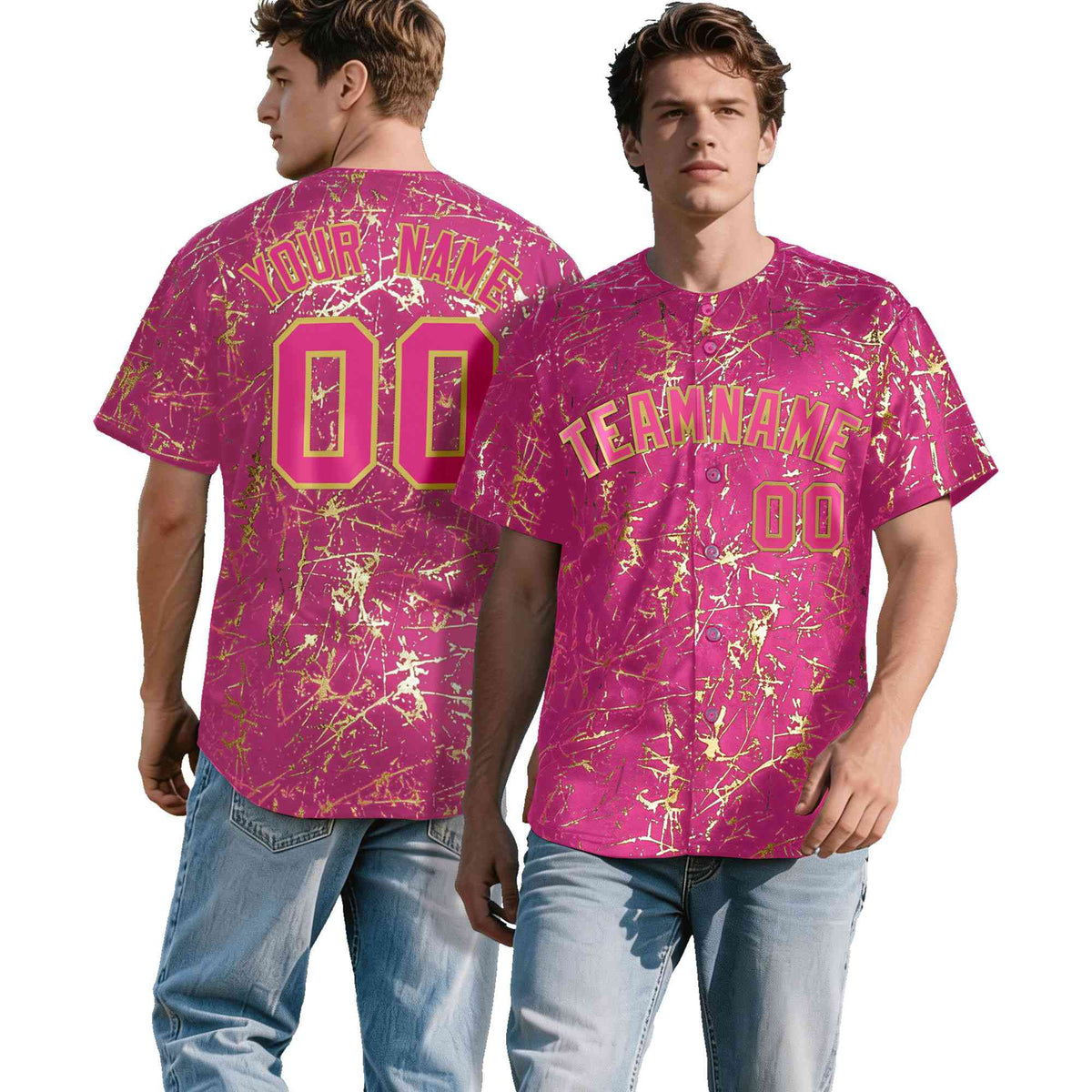 Custom Pink Old Gold Shiny Gold Cracked Texture Baseball Jersey