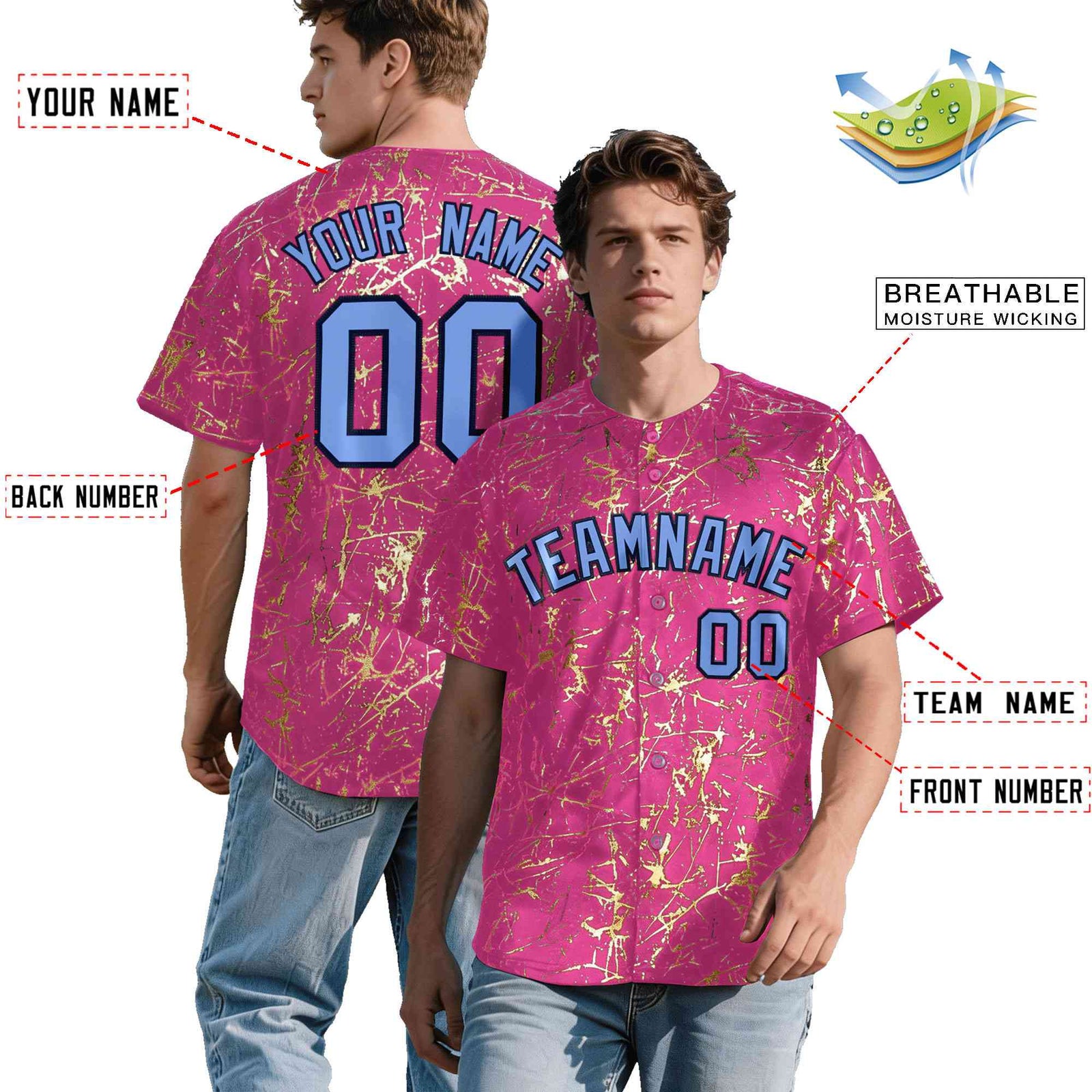 Custom Pink Light Blue Black&Gold Marble Print Clubwear Party Streetwear Baseball Jersey