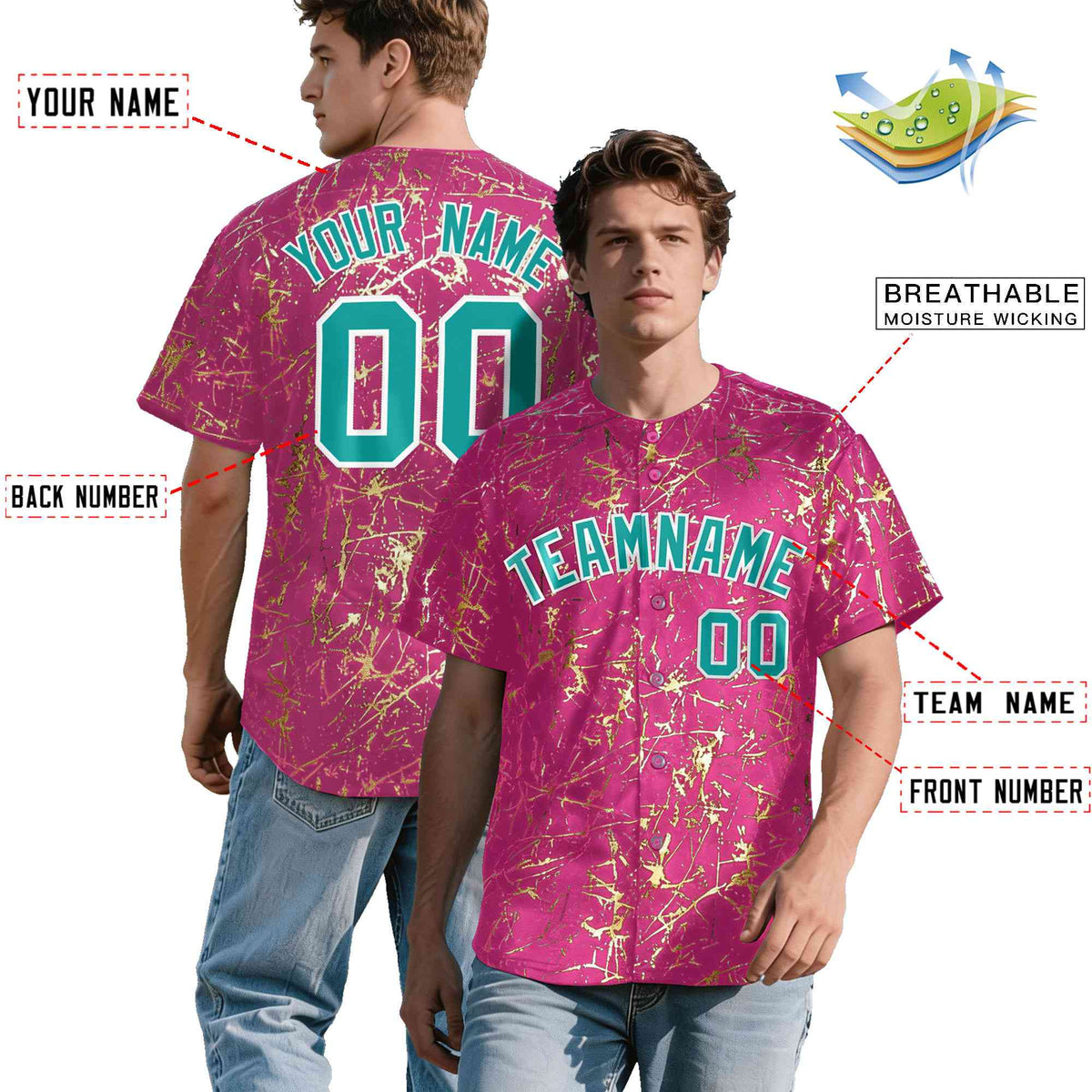 Custom Pink Aqua Metallic Gold Splatter Urban Streetwear Baseball Jersey