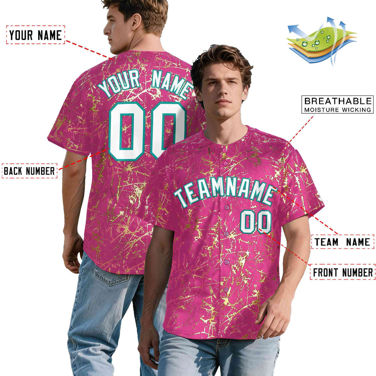 Custom Pink White Black&amp;Shiny Gold Cracked Foil Breathable Mesh Streetwear Baseball Jersey