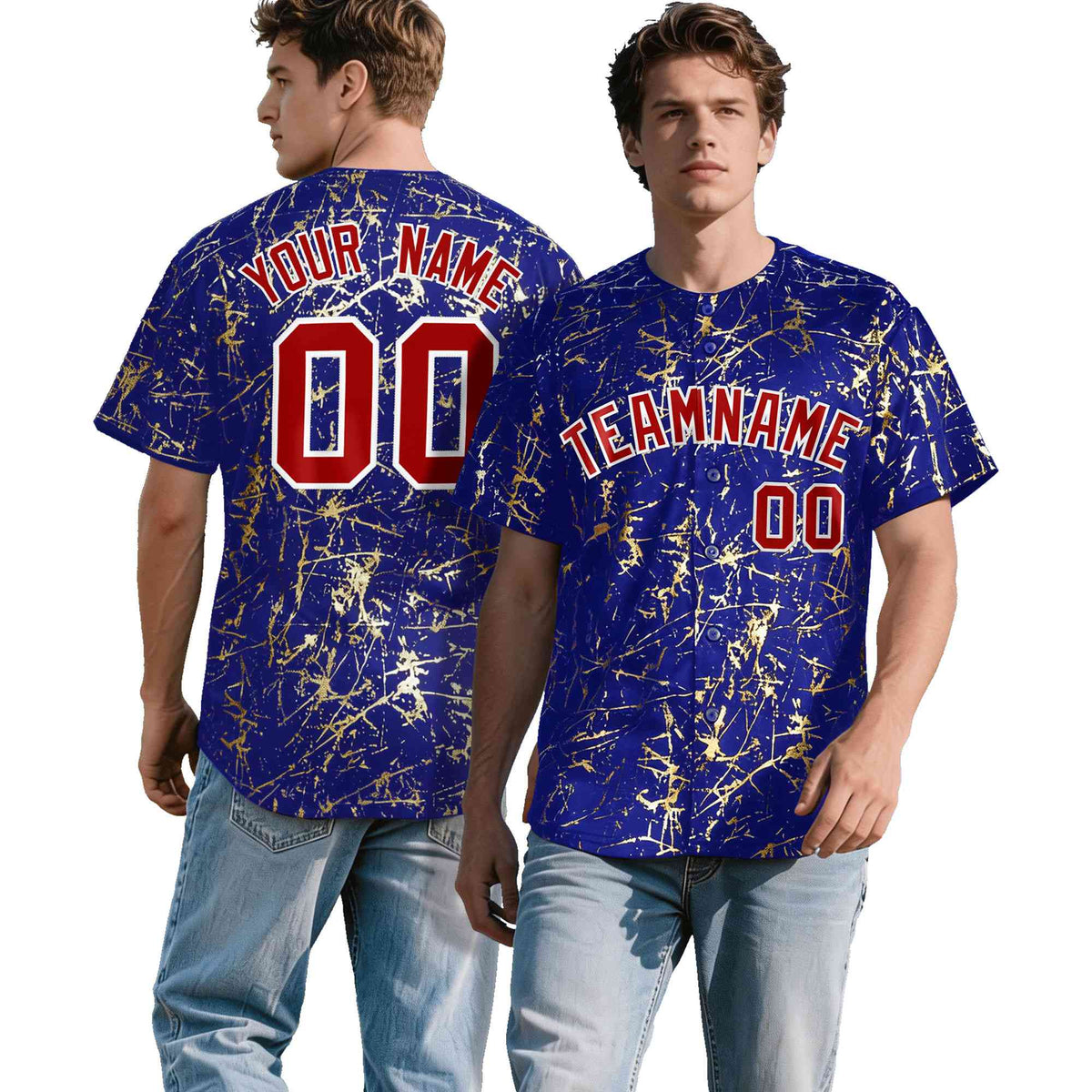 Custom Royal Red Metallic Gold Splatter Breathable&amp;Wrinkle-Resistant Baseball Jersey