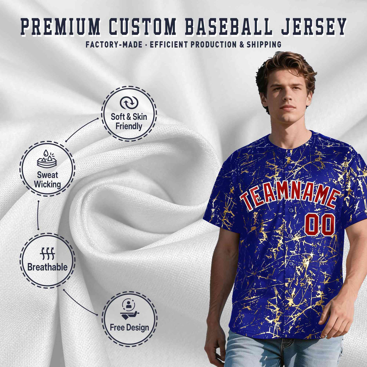 Custom Royal Red Metallic Gold Splatter Breathable&amp;Wrinkle-Resistant Baseball Jersey