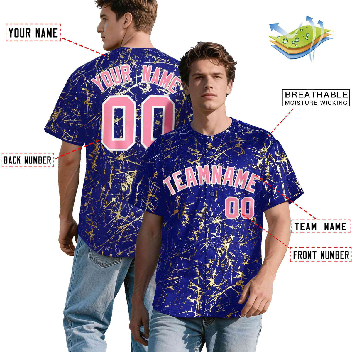 Custom Royal Light Pink Metallic Gold Splatter Urban Streetwear Baseball Jersey