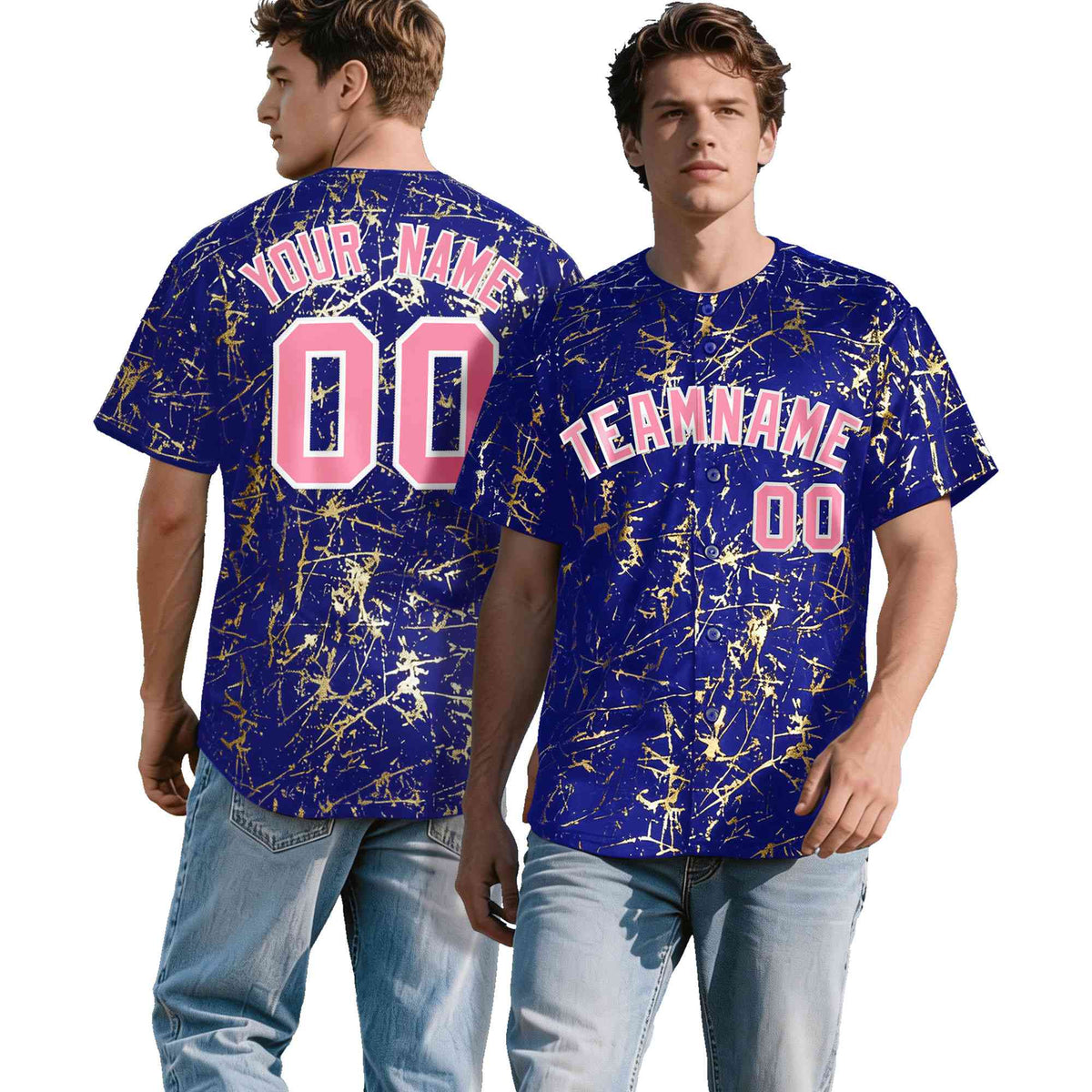 Custom Royal Light Pink Metallic Gold Splatter Urban Streetwear Baseball Jersey