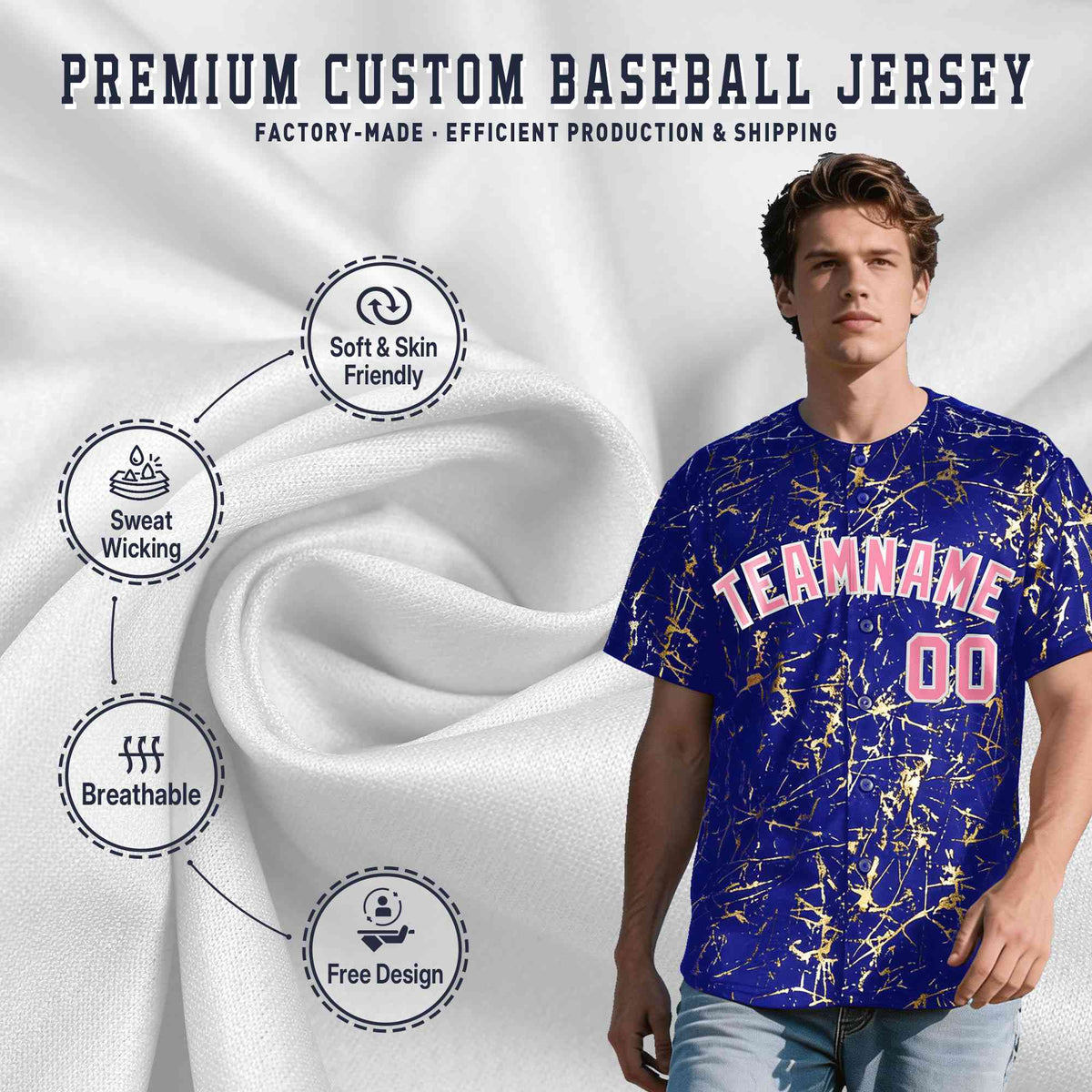 Custom Royal Light Pink Metallic Gold Splatter Urban Streetwear Baseball Jersey