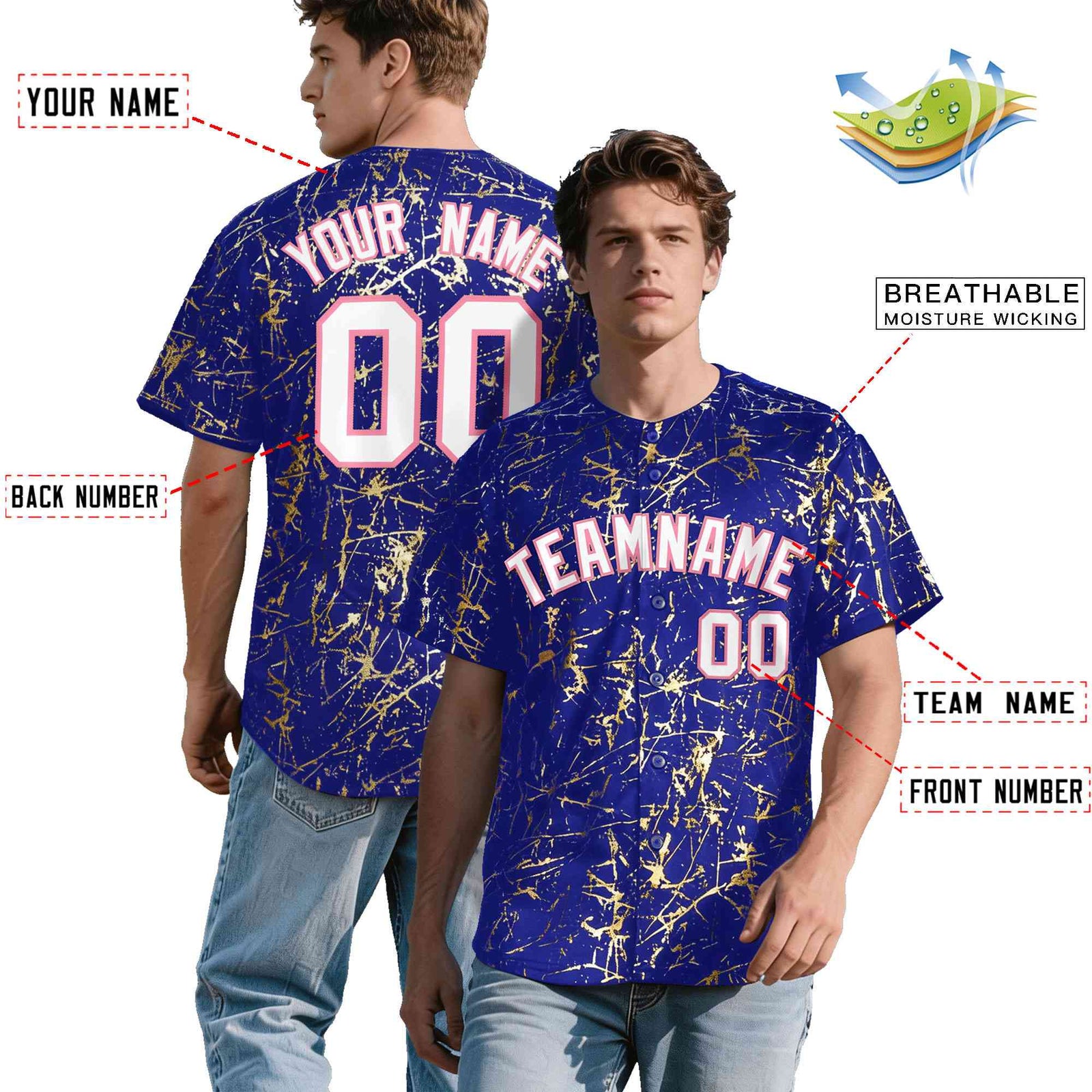 Custom Royal White Black&Shiny Gold Cracked Foil Breathable Mesh Streetwear Baseball Jersey