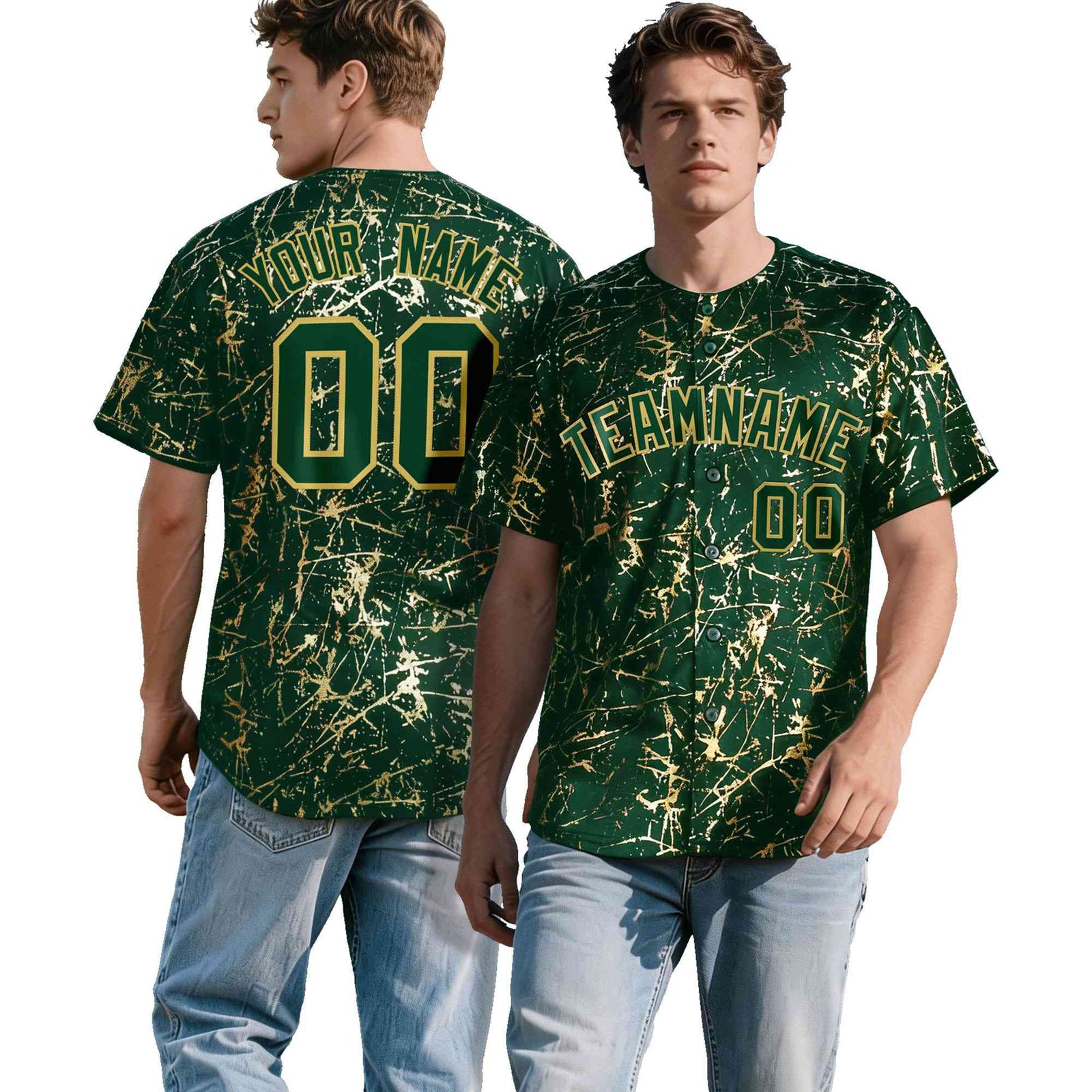 Custom Green Old Gold Shiny Gold Cracked Texture Baseball Jersey