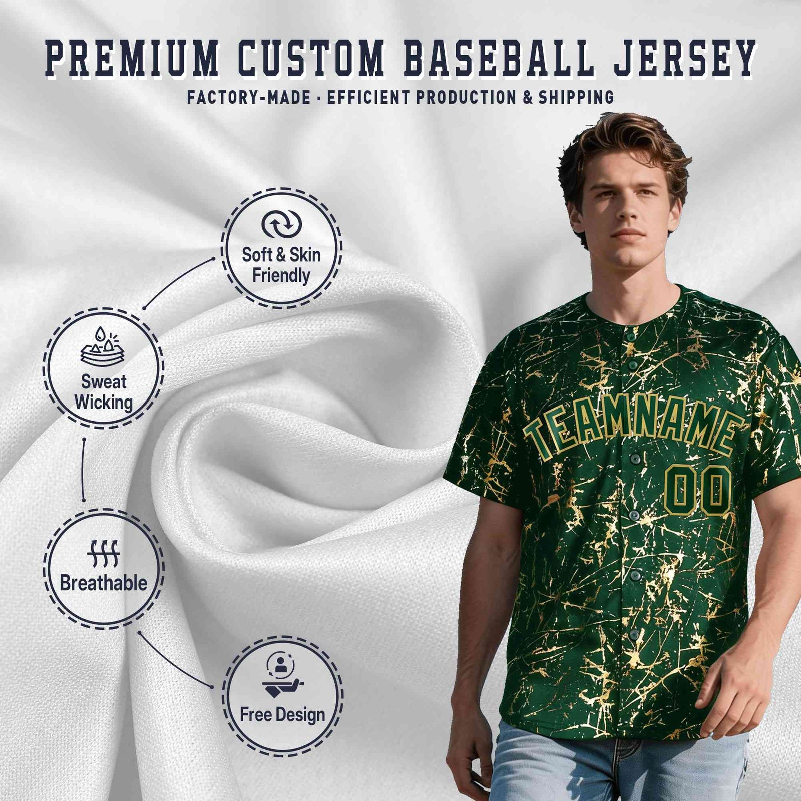 Custom Green Old Gold Shiny Gold Cracked Texture Baseball Jersey