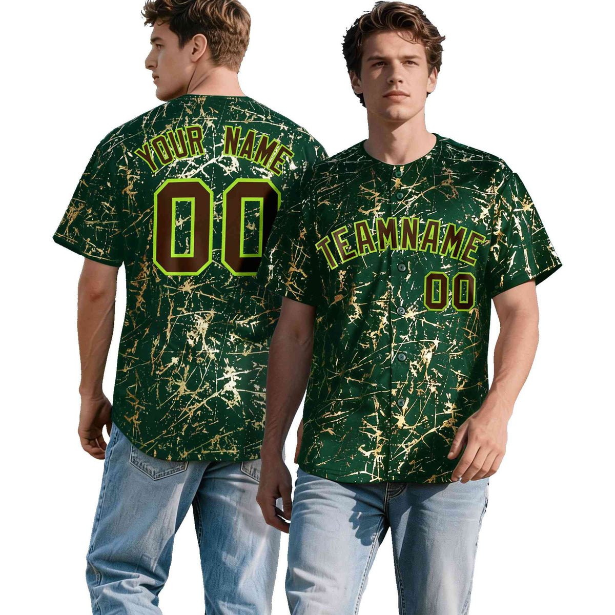 Custom Green Brown Metallic Gold Splatter Breathable&amp;Wrinkle-Resistant Baseball Jersey
