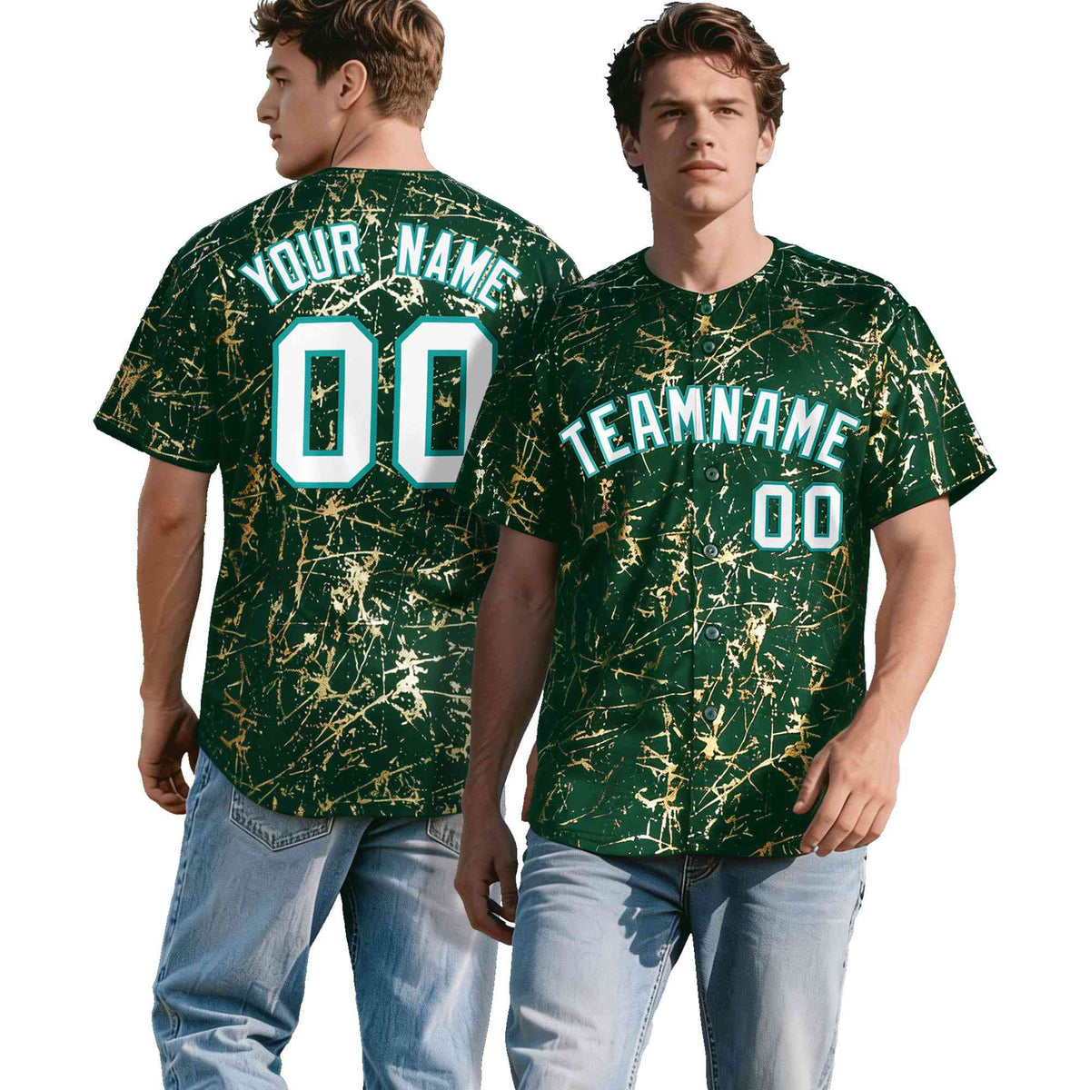 Custom Green White Black&amp;Shiny Gold Cracked Foil Breathable Mesh Streetwear Baseball Jersey