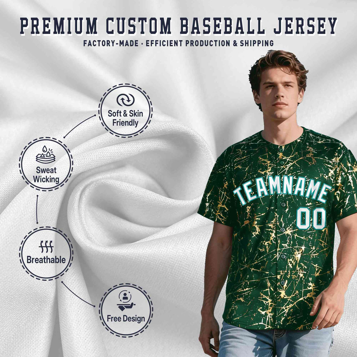 Custom Green White Black&amp;Shiny Gold Cracked Foil Breathable Mesh Streetwear Baseball Jersey