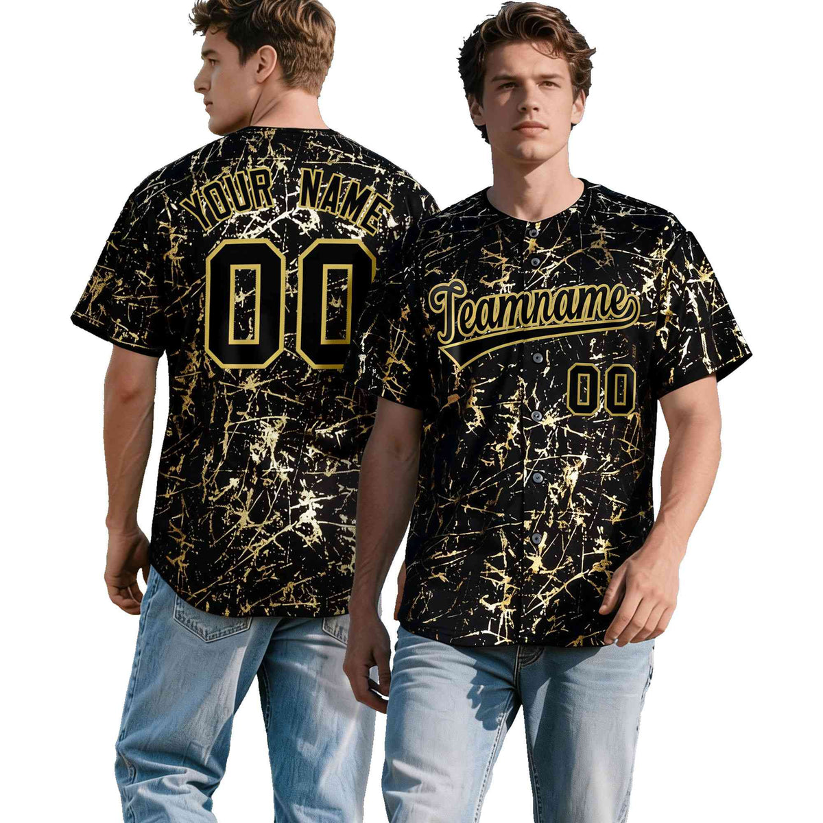 Custom Black Old Gold Black&amp;Shiny Gold Cracked Foil Hip Hop Button Down Baseball Jersey| KXKSHOP