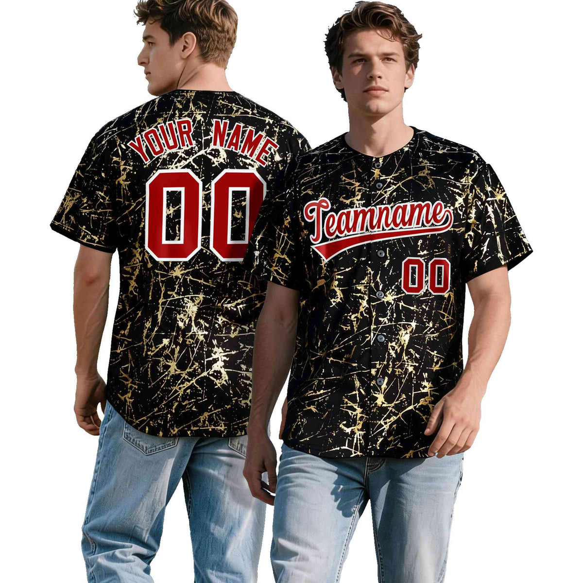 Custom Black Red Metallic Gold Splatter Breathable&amp;Wrinkle-Resistant Baseball Jersey| KXKSHOP