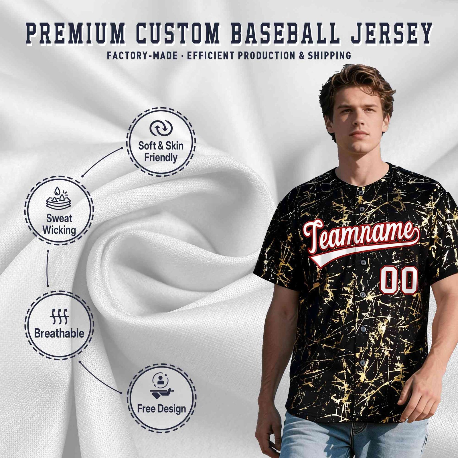 Custom Black White Black&Gold Marble Print Clubwear Party Streetwear Baseball Jersey| KXKSHOP