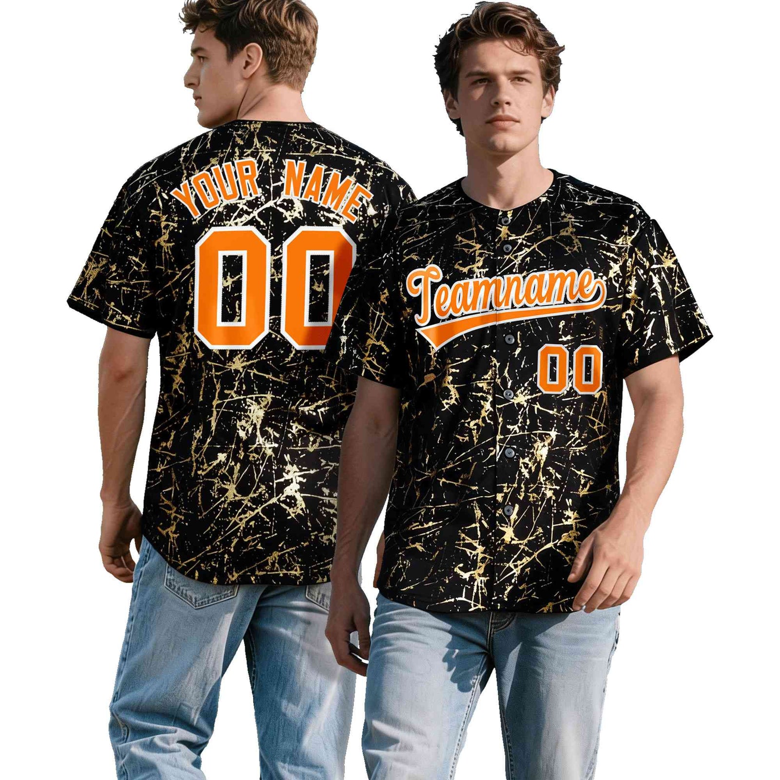 Custom Black Orange Metallic Gold Splatter Urban Streetwear Baseball Jersey| KXKSHOP