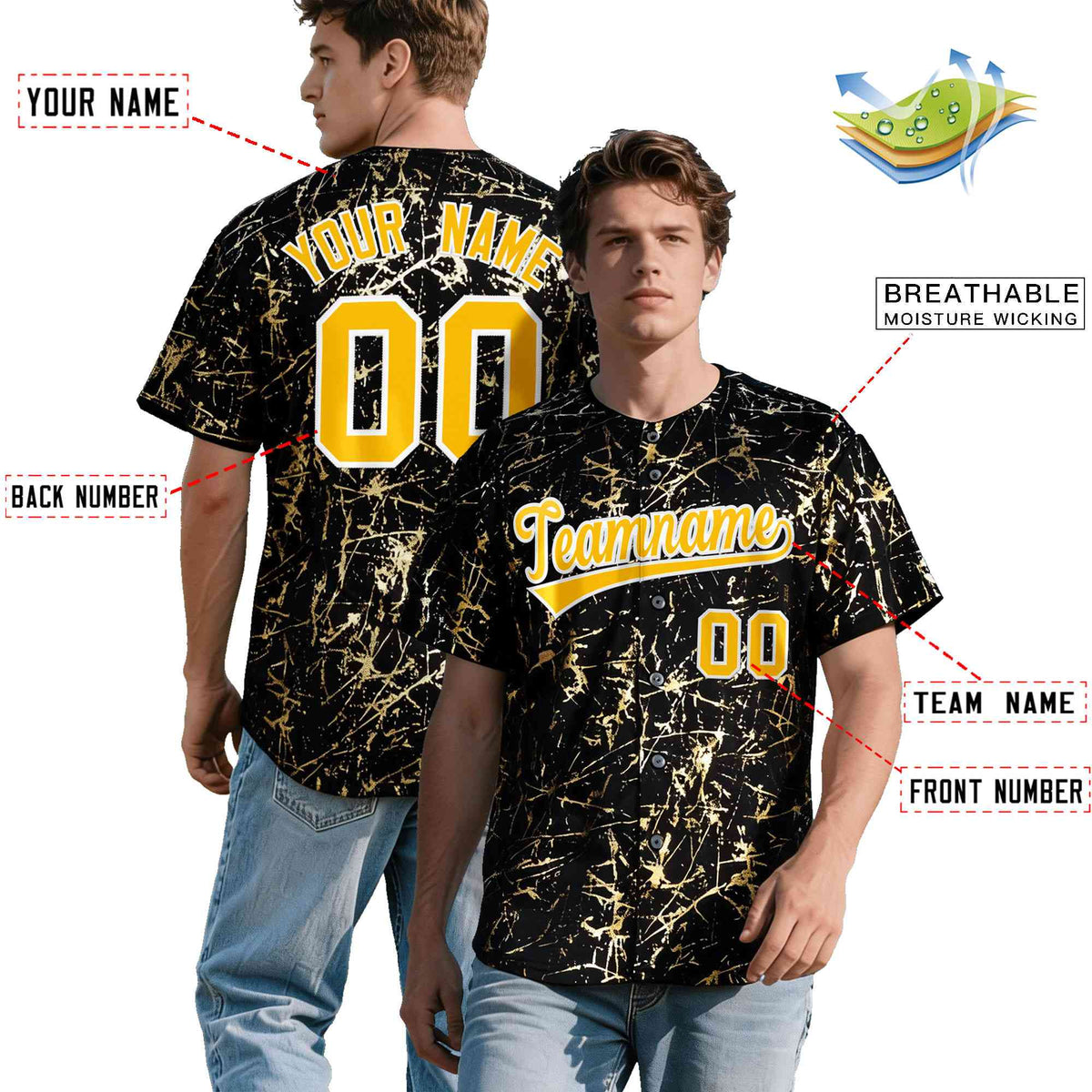 Custom Black Yellow Shiny Gold Cracked Texture Baseball Jersey| KXKSHOP