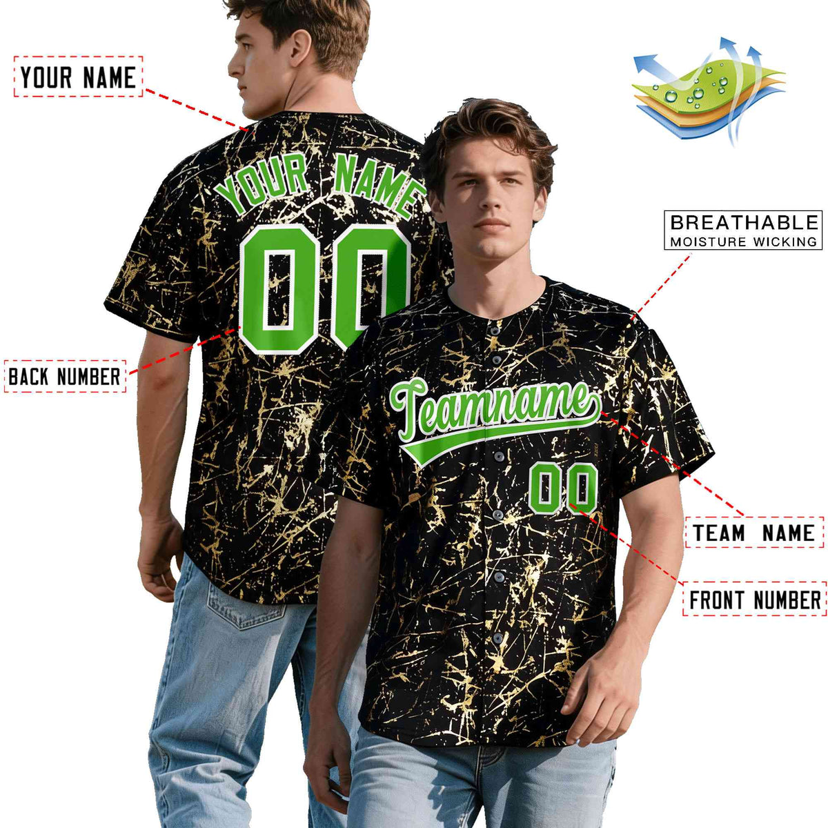 Custom Black Light Green Metallic Gold Splatter Breathable&amp;Wrinkle-Resistant Baseball Jersey| KXKSHOP
