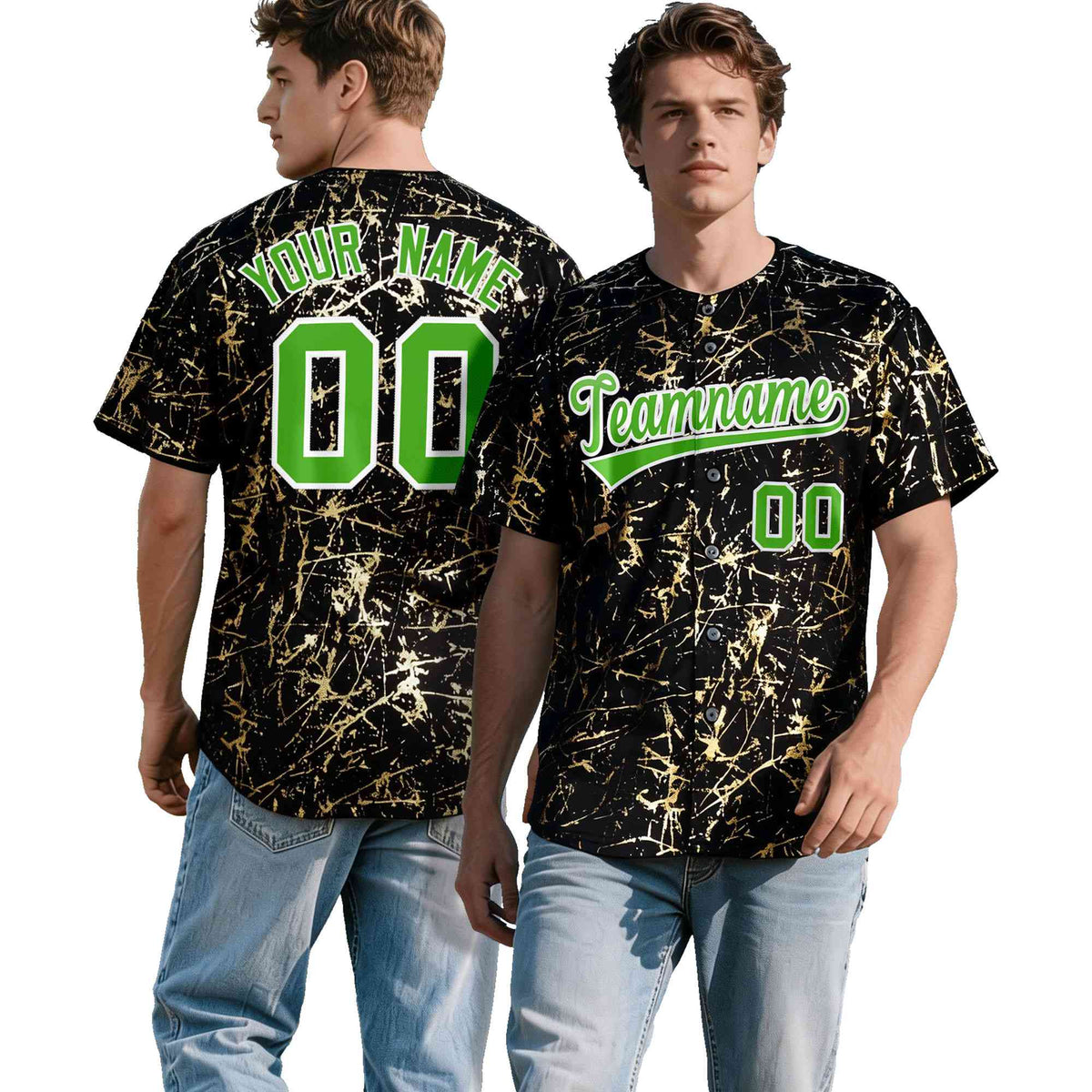 Custom Black Light Green Metallic Gold Splatter Breathable&amp;Wrinkle-Resistant Baseball Jersey| KXKSHOP