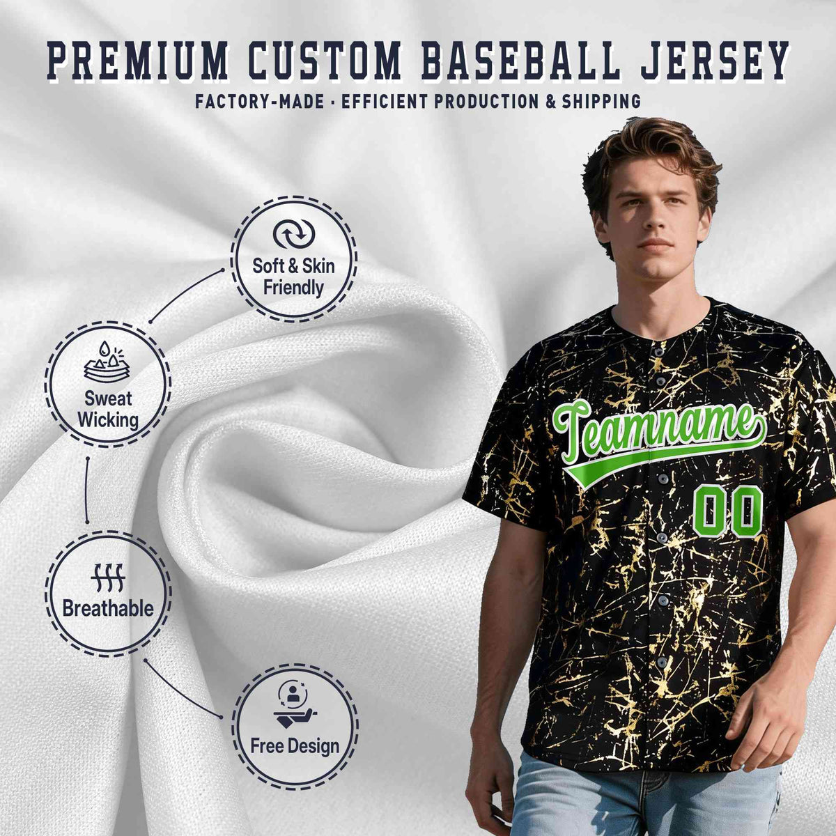 Custom Black Light Green Metallic Gold Splatter Breathable&amp;Wrinkle-Resistant Baseball Jersey| KXKSHOP
