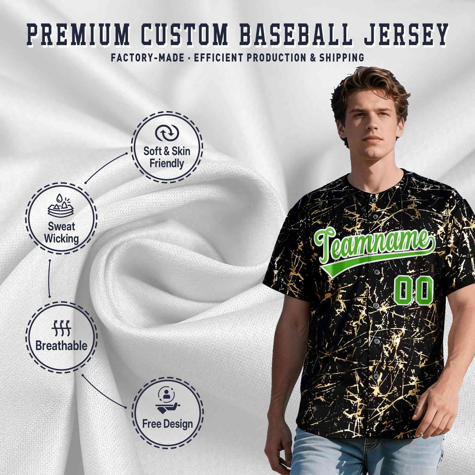 Custom Black Light Green Metallic Gold Splatter Breathable&Wrinkle-Resistant Baseball Jersey| KXKSHOP