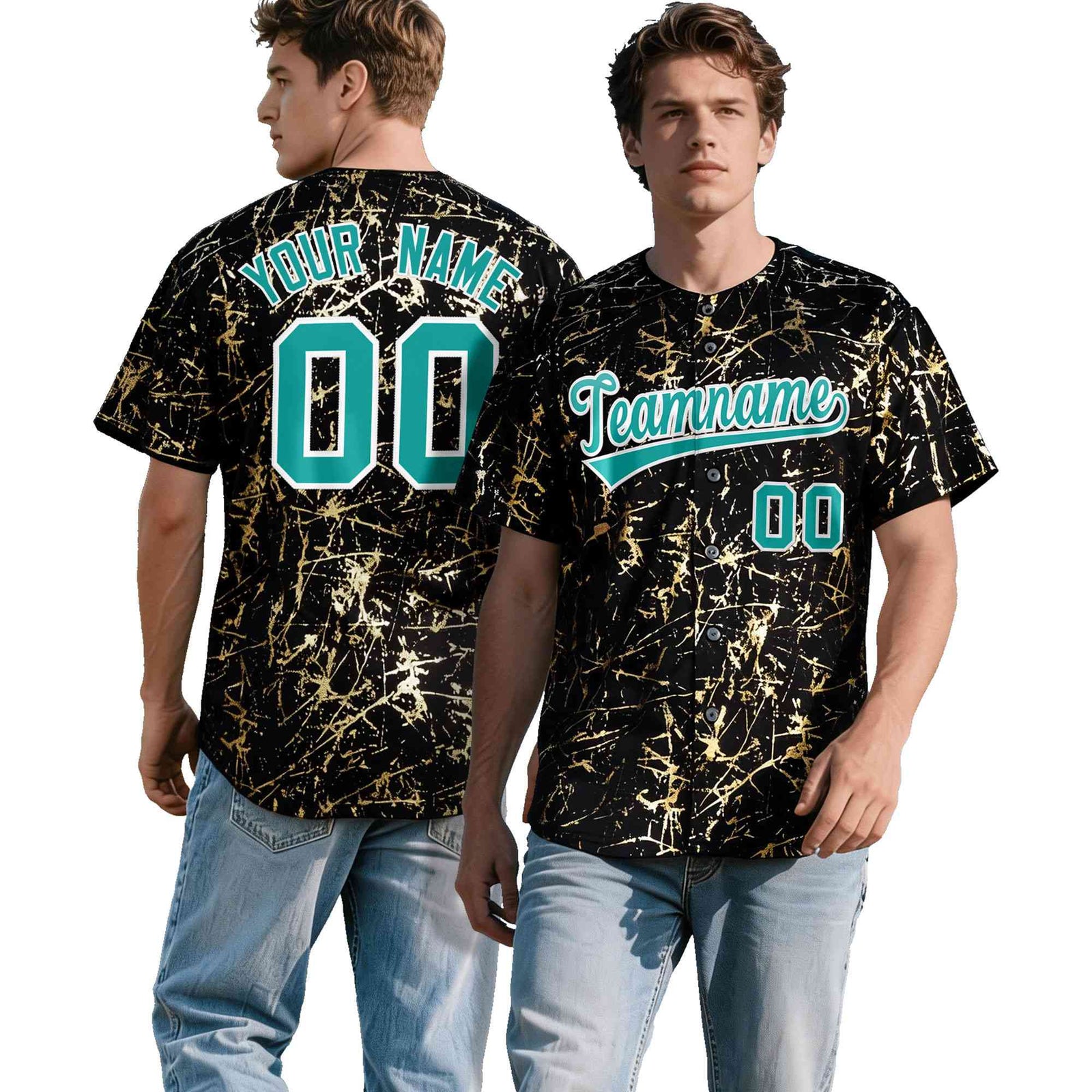 Custom Black Aqua Metallic Gold Splatter Urban Streetwear Baseball Jersey| KXKSHOP