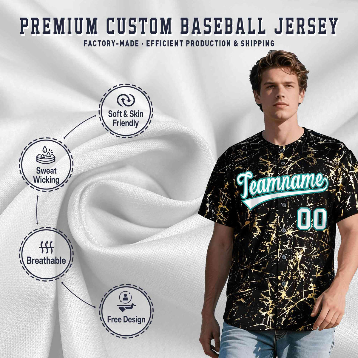 Custom Black White Black&amp;Shiny Gold Cracked Foil Breathable Mesh Streetwear Baseball Jersey| KXKSHOP