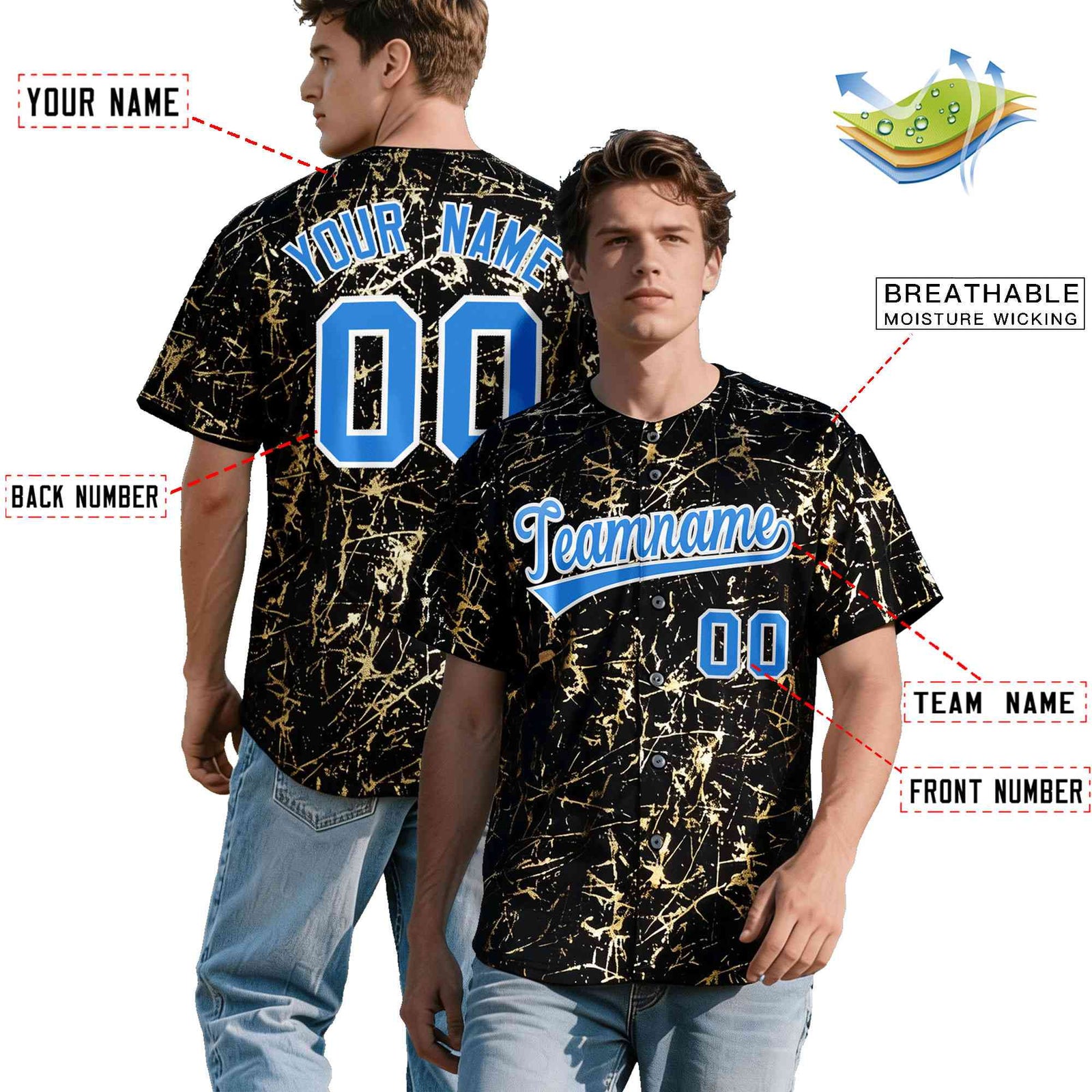 Custom Black Light Blue Shiny Gold Cracked Texture Baseball Jersey| KXKSHOP