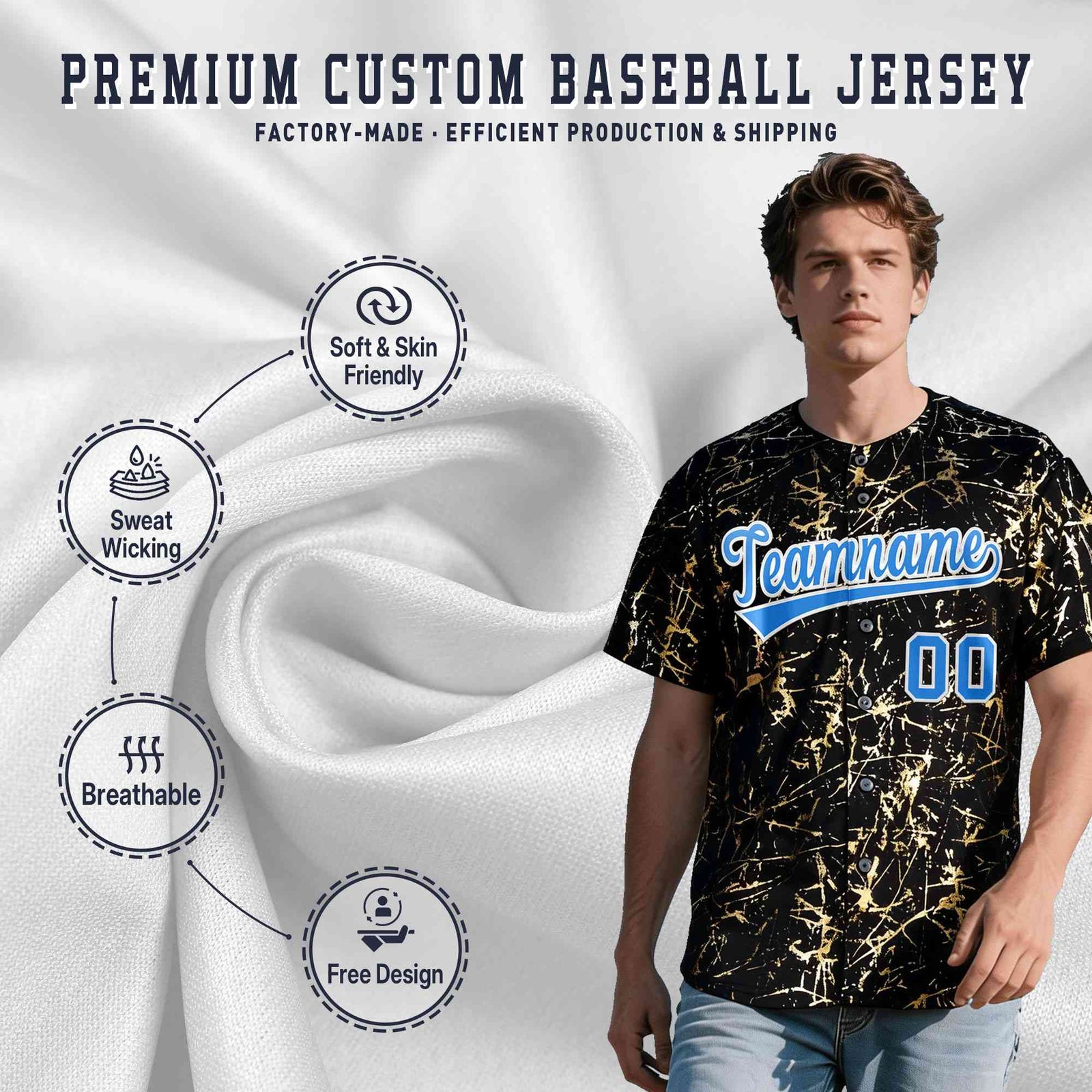 Custom Black Light Blue Shiny Gold Cracked Texture Baseball Jersey| KXKSHOP