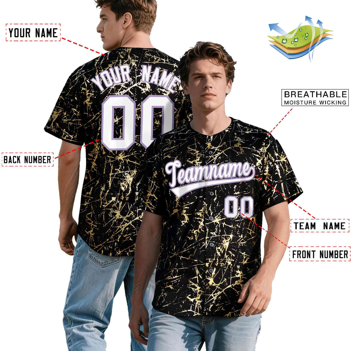 Custom Black White Black&amp;Gold Marble Print Clubwear Party Streetwear Baseball Jersey| KXKSHOP