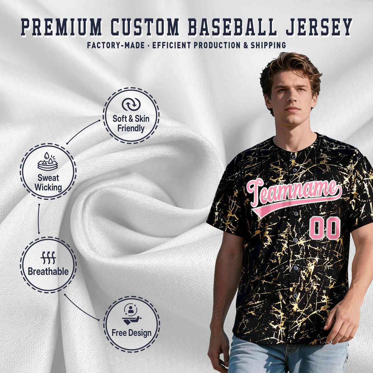 Custom Black Light Pink Metallic Gold Splatter Urban Streetwear Baseball Jersey| KXKSHOP