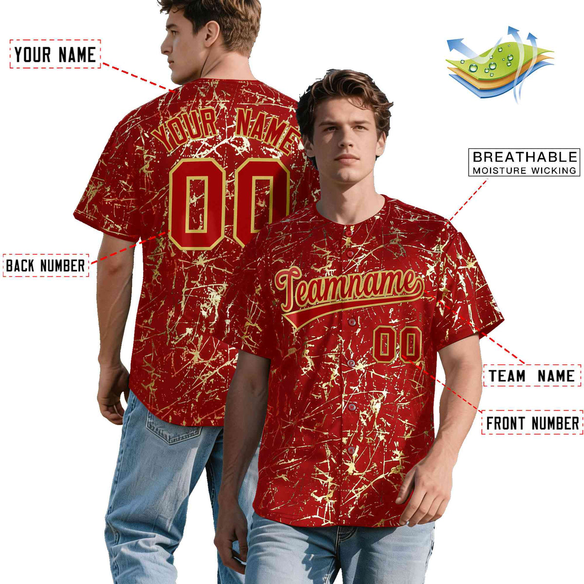 Custom Red Old Gold Metallic Gold Splatter Breathable&amp;Wrinkle-Resistant Baseball Jersey| KXKSHOP
