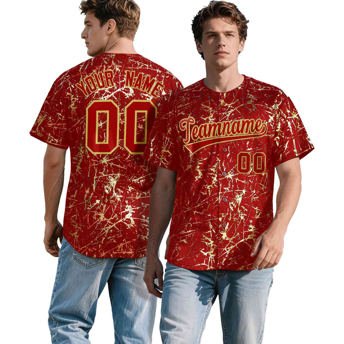 Custom Red Old Gold Metallic Gold Splatter Breathable&amp;Wrinkle-Resistant Baseball Jersey| KXKSHOP