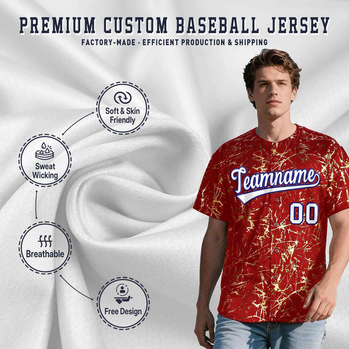 Custom Red White Black&amp;Shiny Gold Cracked Foil Hip Hop Button Down Baseball Jersey| KXKSHOP