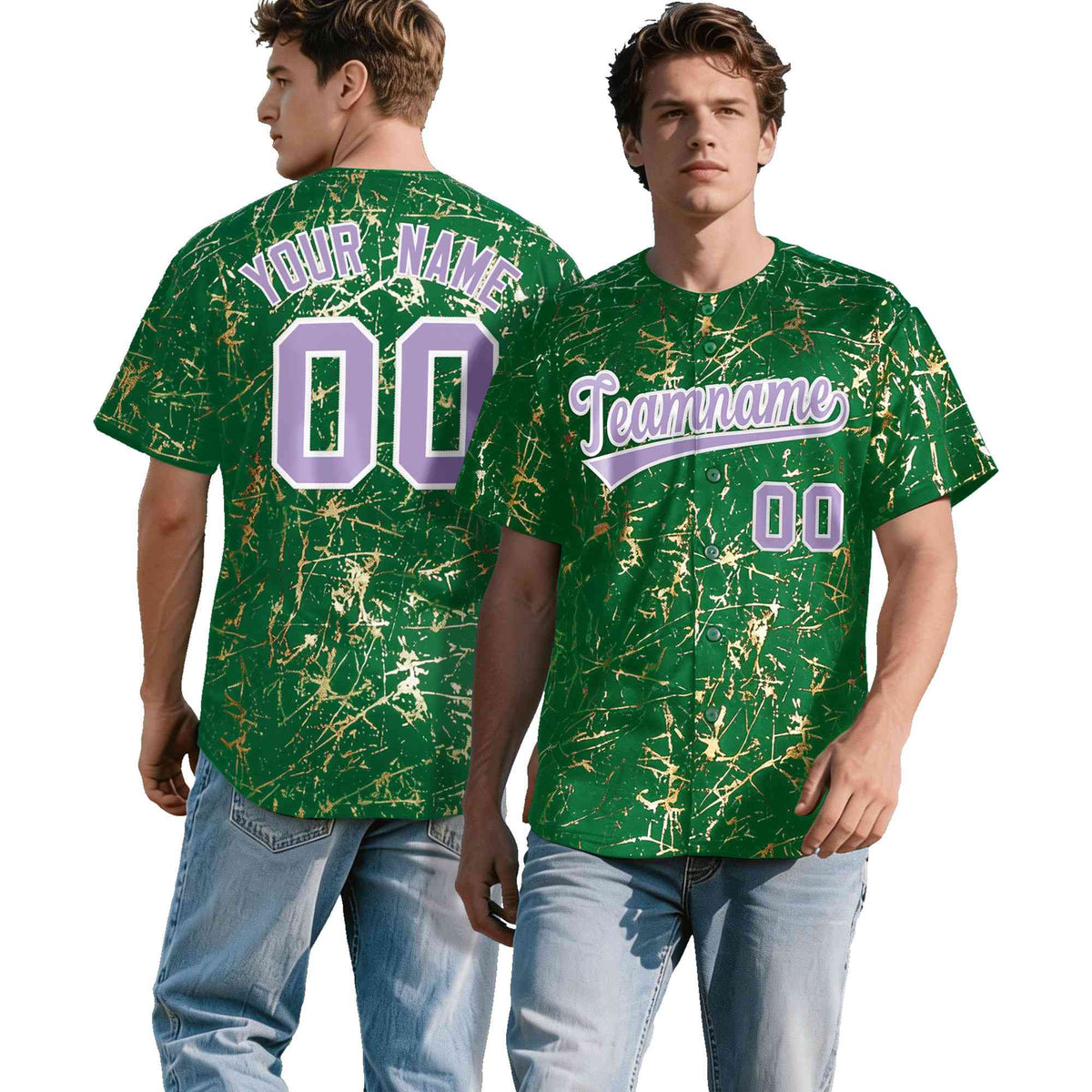 Custom Kelly Green Light Purple Metallic Gold Splatter Urban Streetwear Baseball Jersey| KXKSHOP
