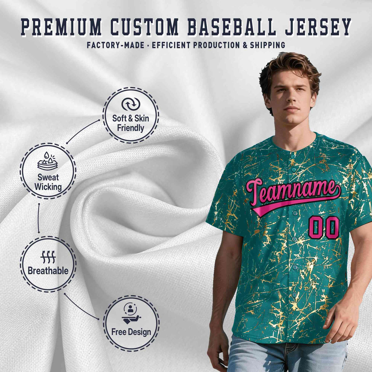 Custom Teal Rose Red Black&amp;Gold Marble Print Clubwear Party Streetwear Baseball Jersey| KXKSHOP