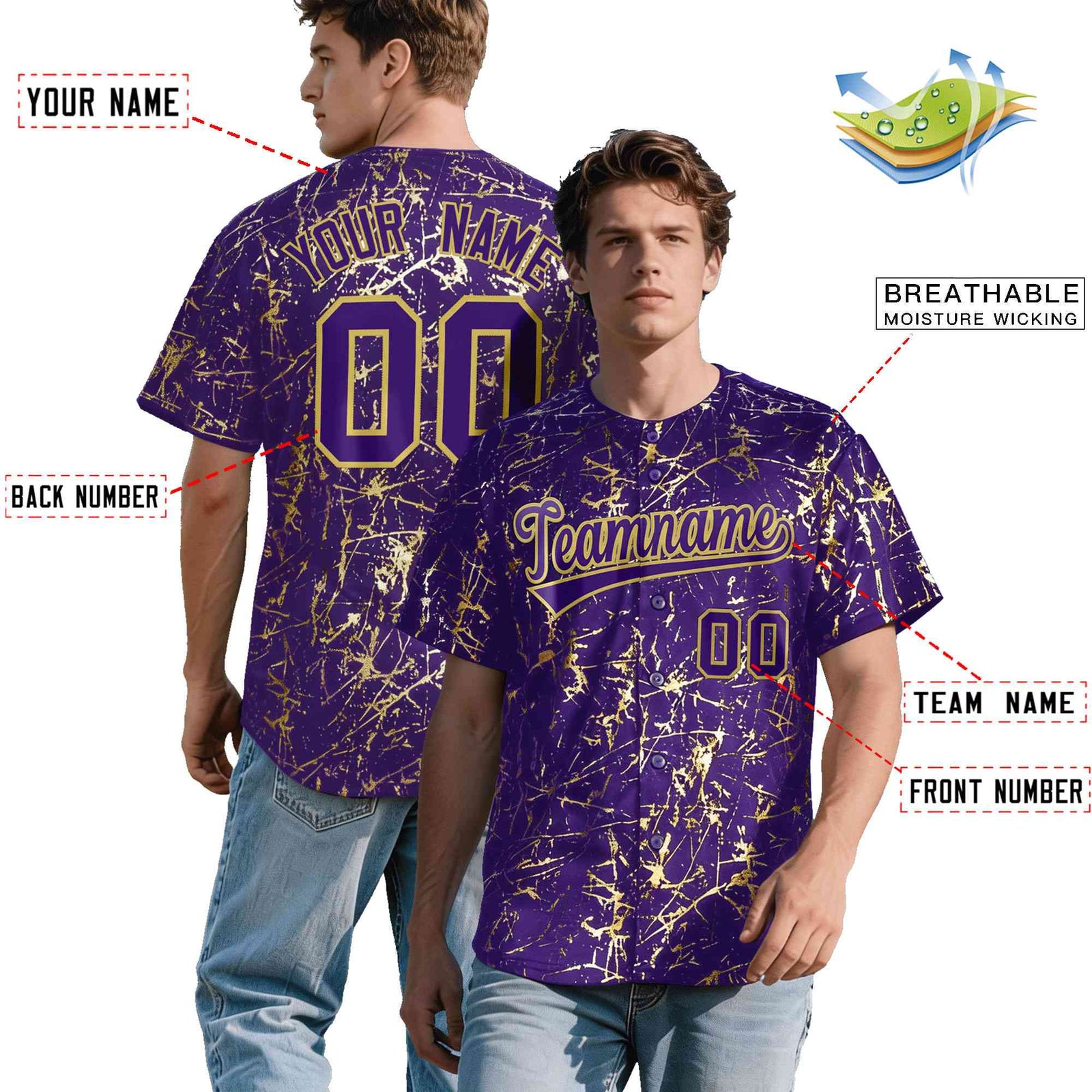Custom Purple Old Gold Shiny Gold Cracked Texture Baseball Jersey| KXKSHOP