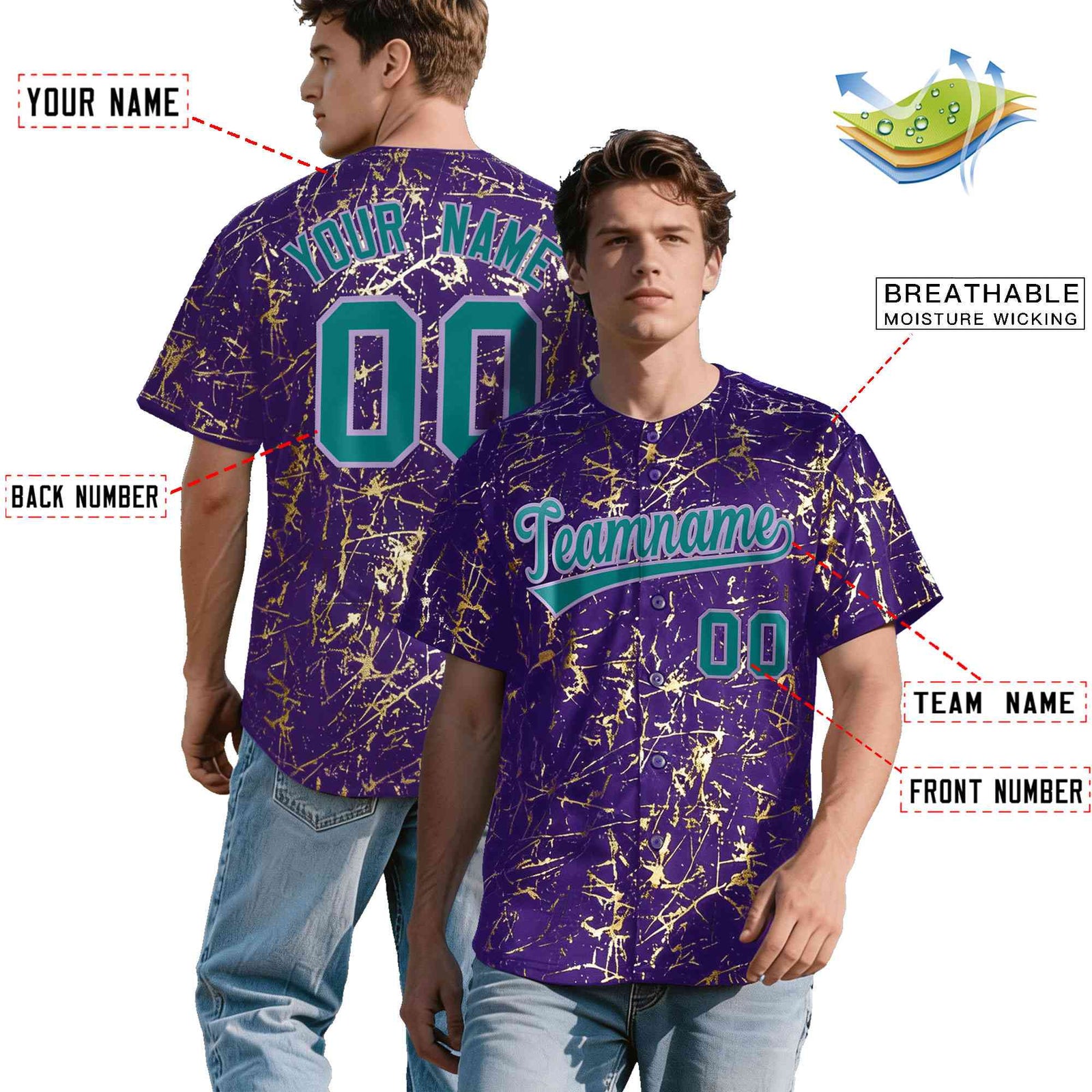 Custom Purple Teal Black&Gold Marble Print Clubwear Party Streetwear Baseball Jersey| KXKSHOP