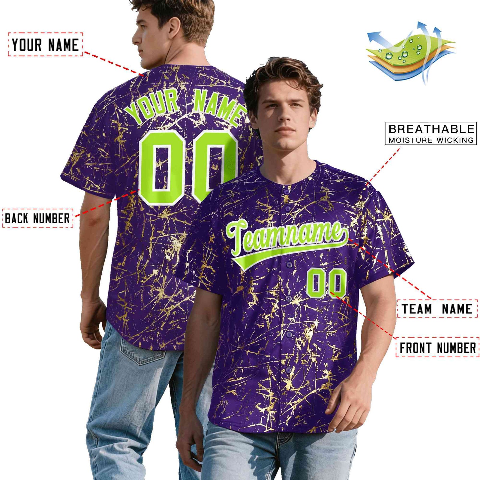 Custom Purple Neon Green Metallic Gold Splatter Urban Streetwear Baseball Jersey| KXKSHOP