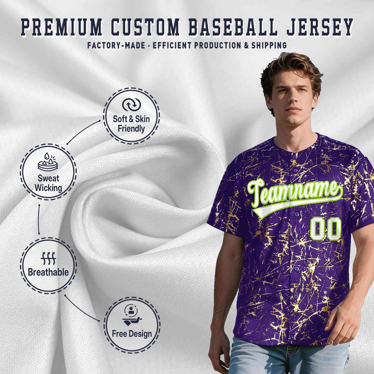 Custom Purple White Black&amp;Shiny Gold Cracked Foil Breathable Mesh Streetwear Baseball Jersey| KXKSHOP
