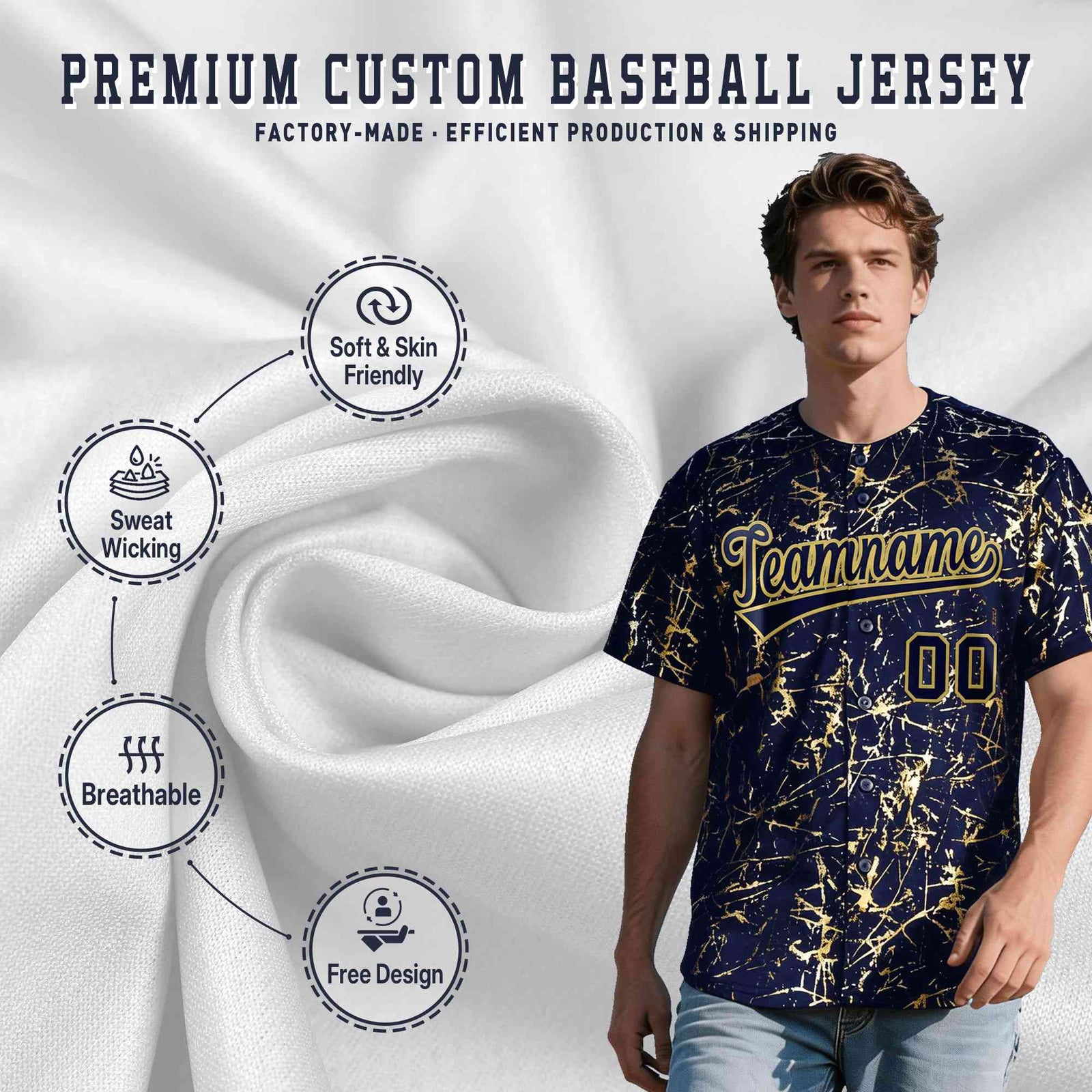Custom Navy Old Gold Shiny Gold Cracked Texture Baseball Jersey| KXKSHOP