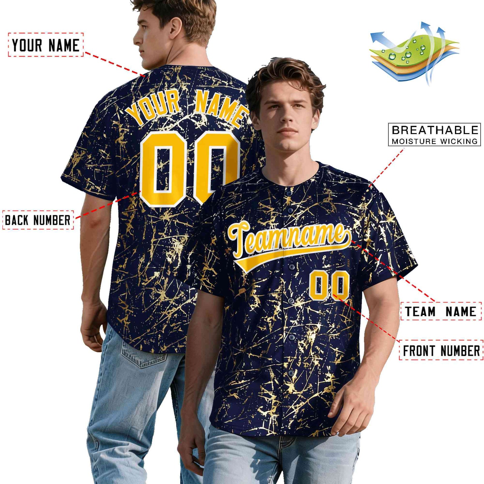 Custom Navy Yellow Metallic Gold Splatter Urban Streetwear Baseball Jersey| KXKSHOP