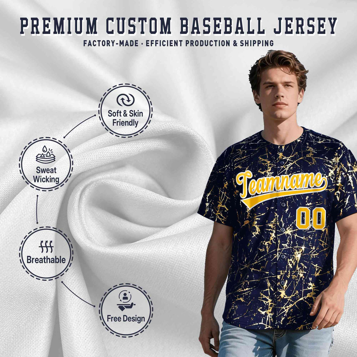 Custom Navy Yellow Metallic Gold Splatter Urban Streetwear Baseball Jersey| KXKSHOP