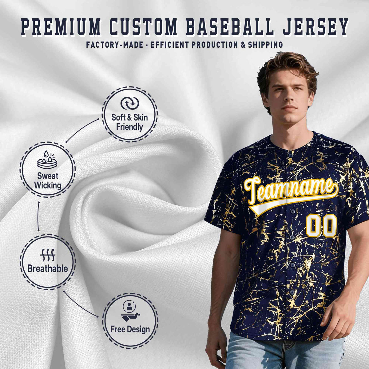 Custom Navy White Black&amp;Shiny Gold Cracked Foil Breathable Mesh Streetwear Baseball Jersey| KXKSHOP