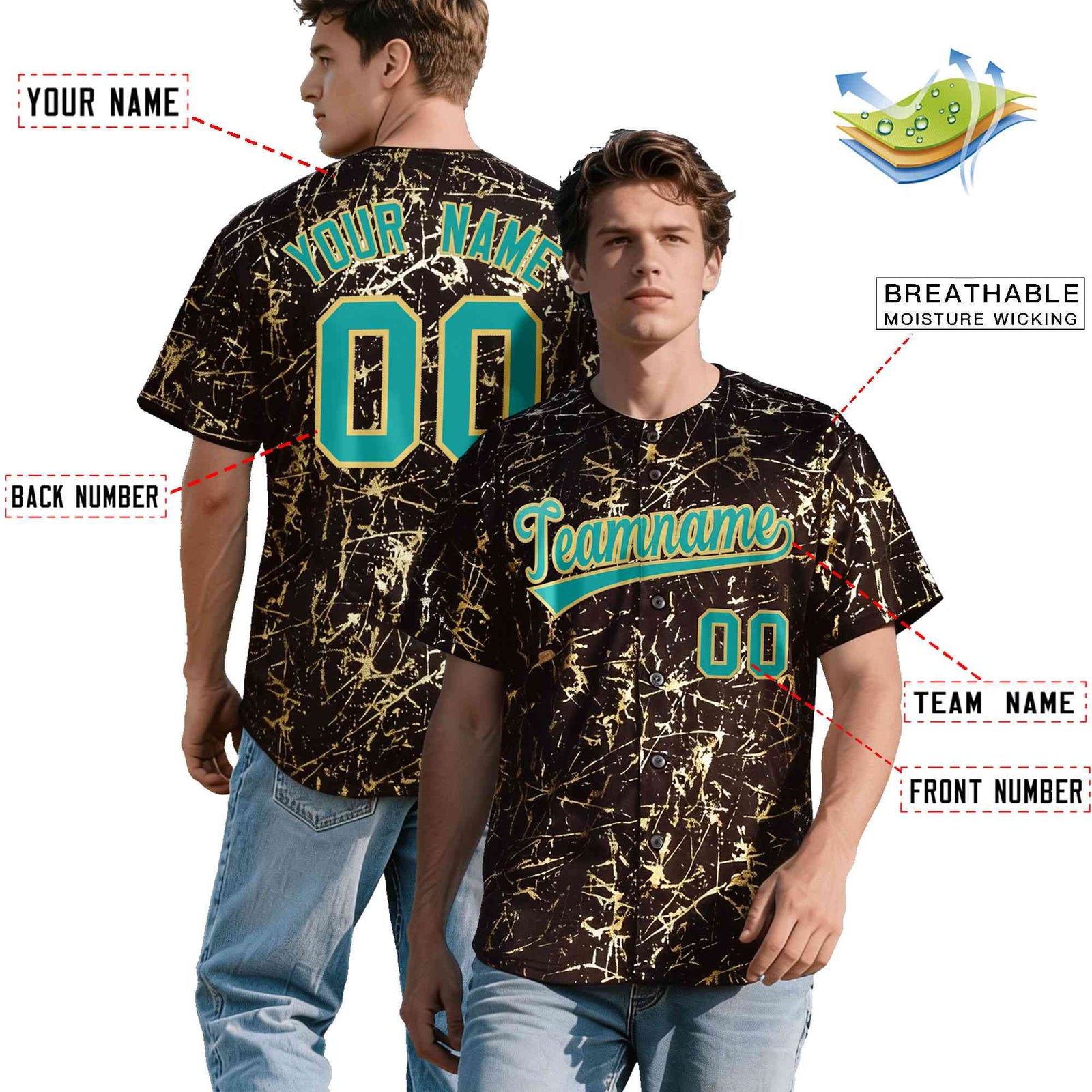 Custom Brown Aqua Metallic Gold Splatter Breathable&Wrinkle-Resistant Baseball Jersey| KXKSHOP