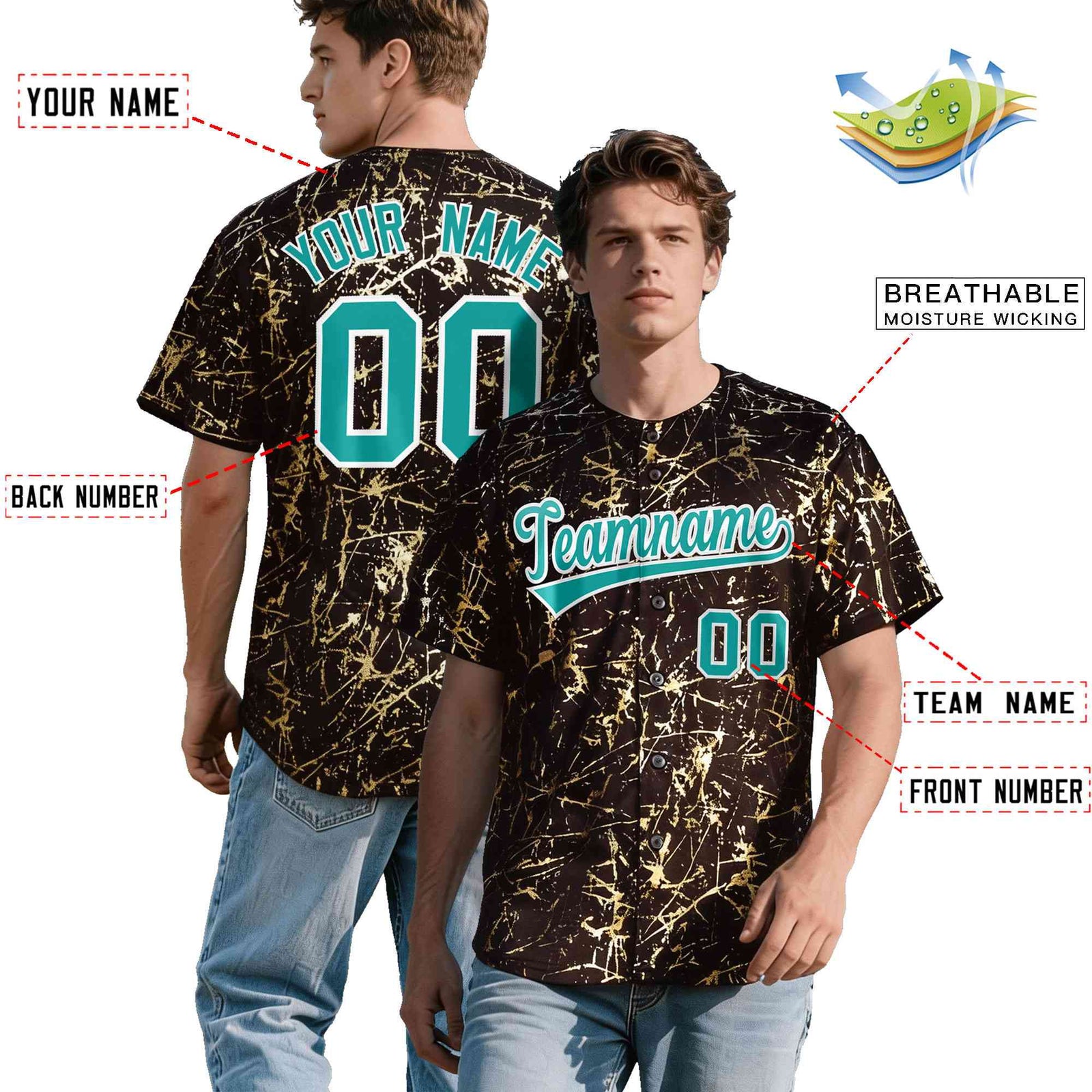 Custom Brown Aqua Metallic Gold Splatter Urban Streetwear Baseball Jersey| KXKSHOP