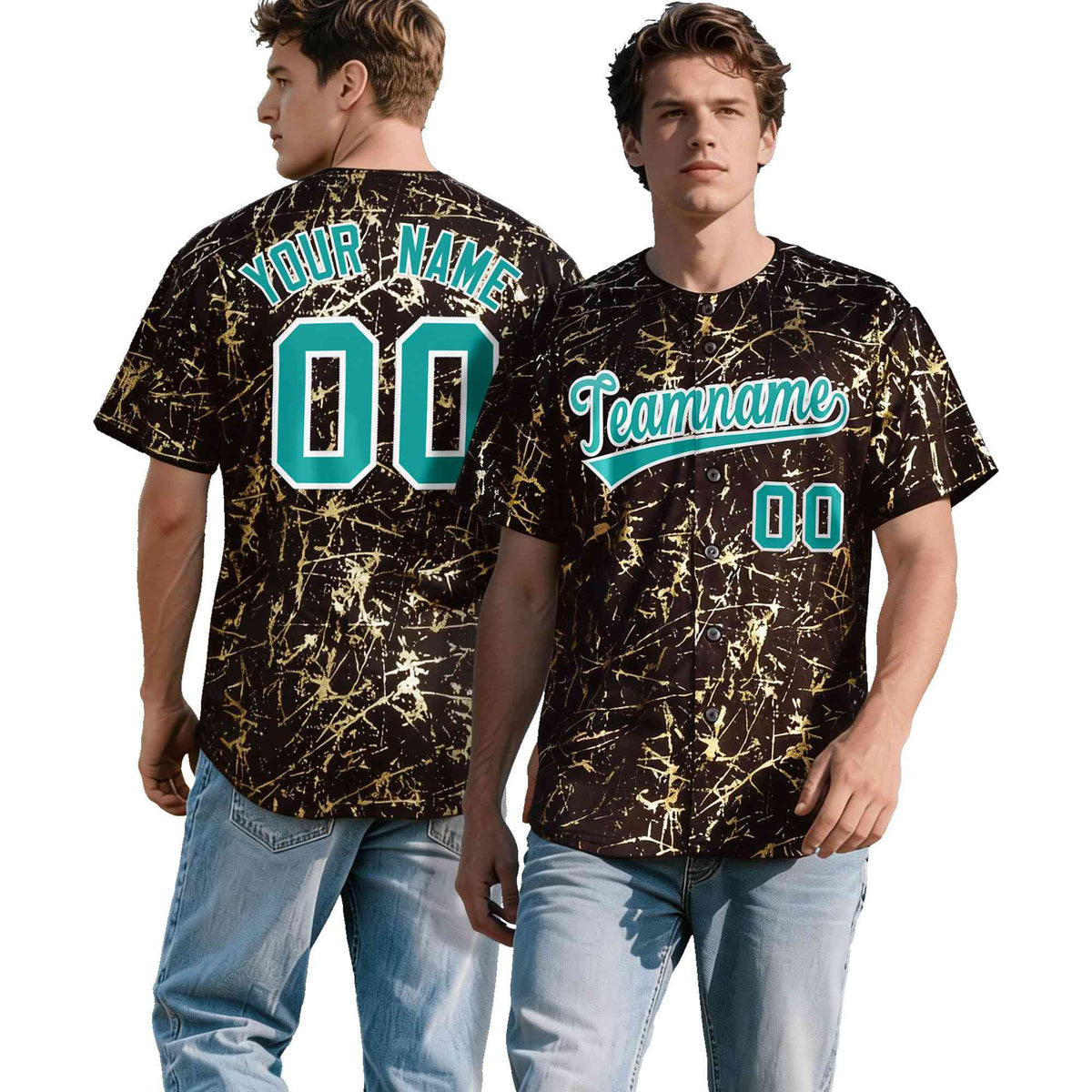 Custom Brown Aqua Metallic Gold Splatter Urban Streetwear Baseball Jersey| KXKSHOP