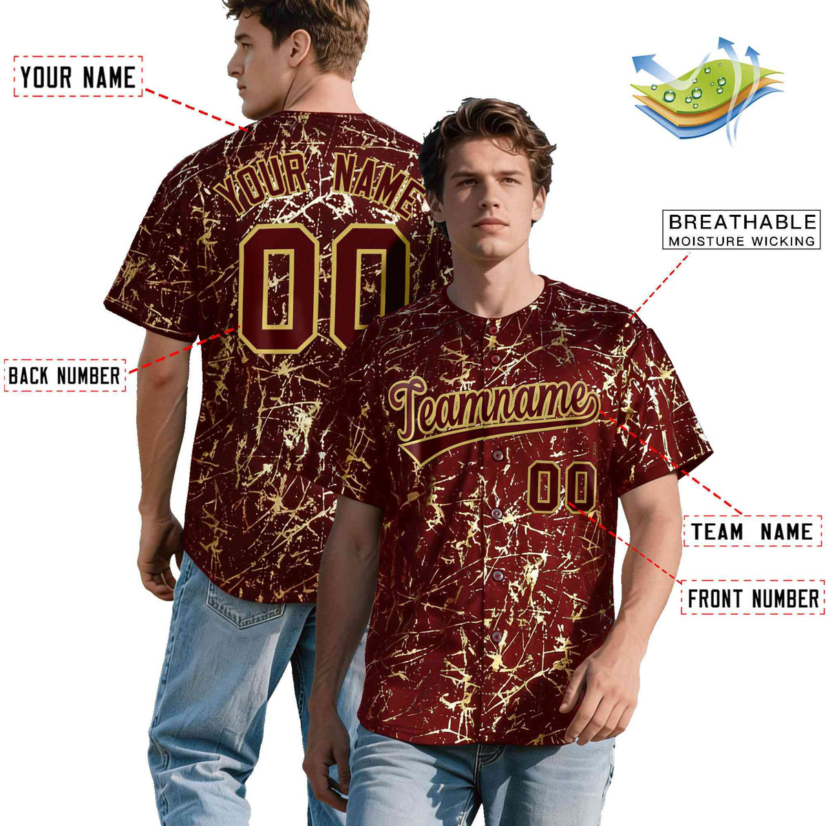 Custom Crimson Burgundy Shiny Gold Cracked Texture Baseball Jersey| KXKSHOP
