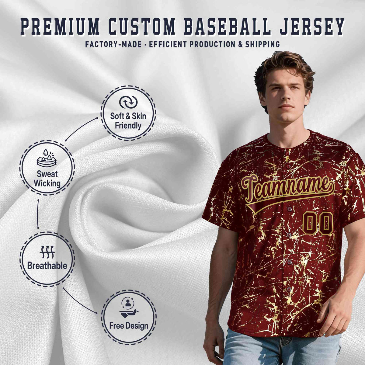 Custom Crimson Burgundy Shiny Gold Cracked Texture Baseball Jersey| KXKSHOP