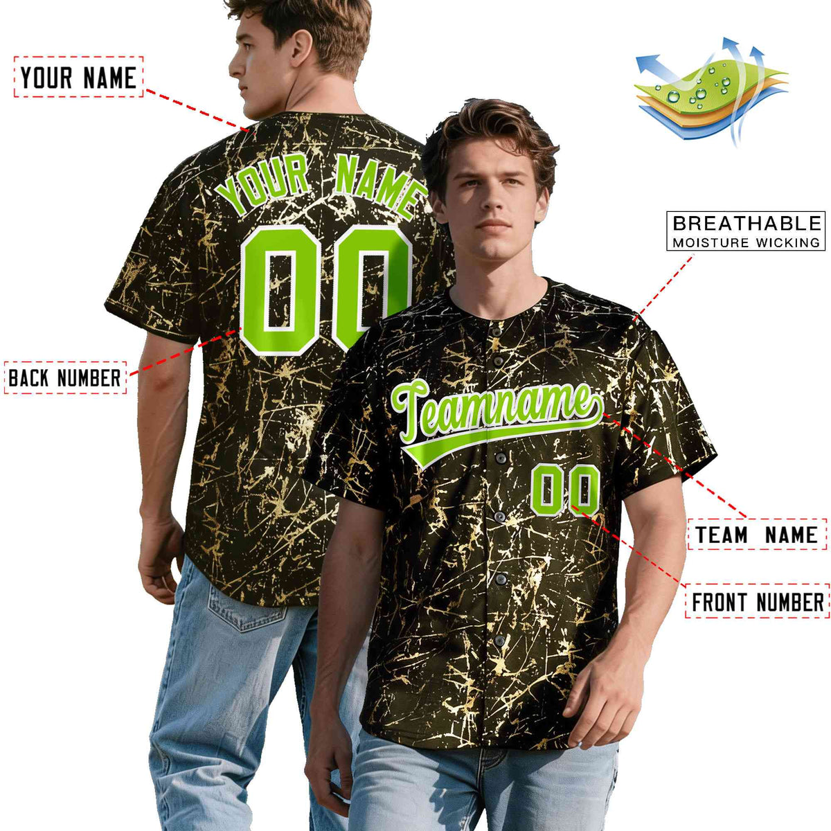 Custom Olive Neon Green Metallic Gold Splatter Urban Streetwear Baseball Jersey| KXKSHOP
