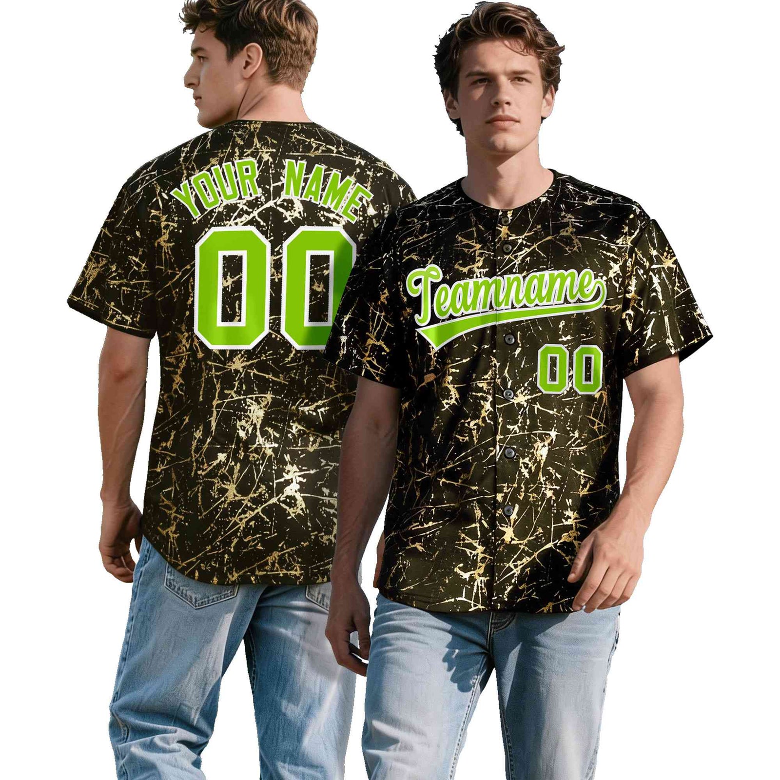 Custom Olive Neon Green Metallic Gold Splatter Urban Streetwear Baseball Jersey| KXKSHOP